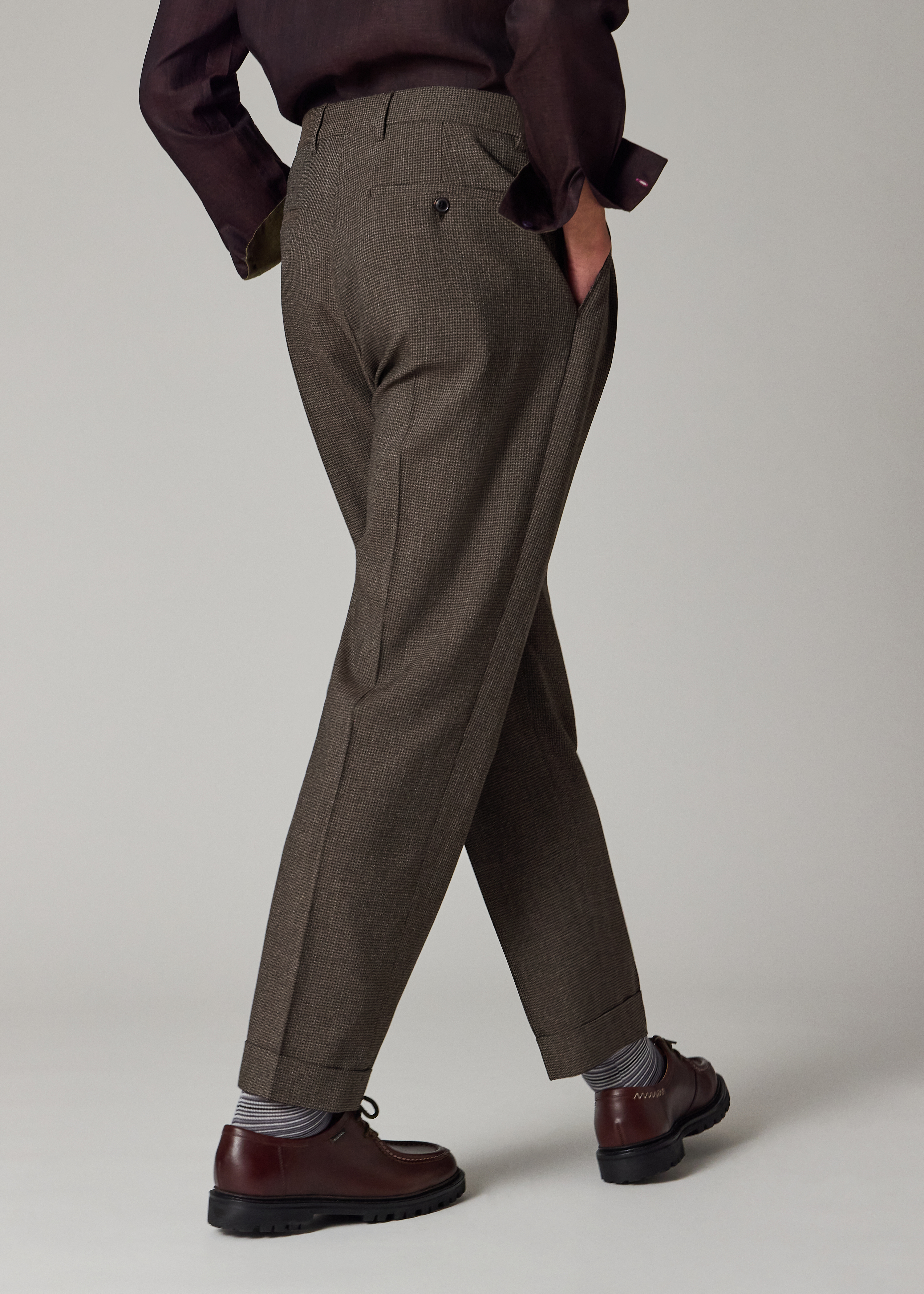 Men's Brown Check Two-Ply Merino Pleated Trousers