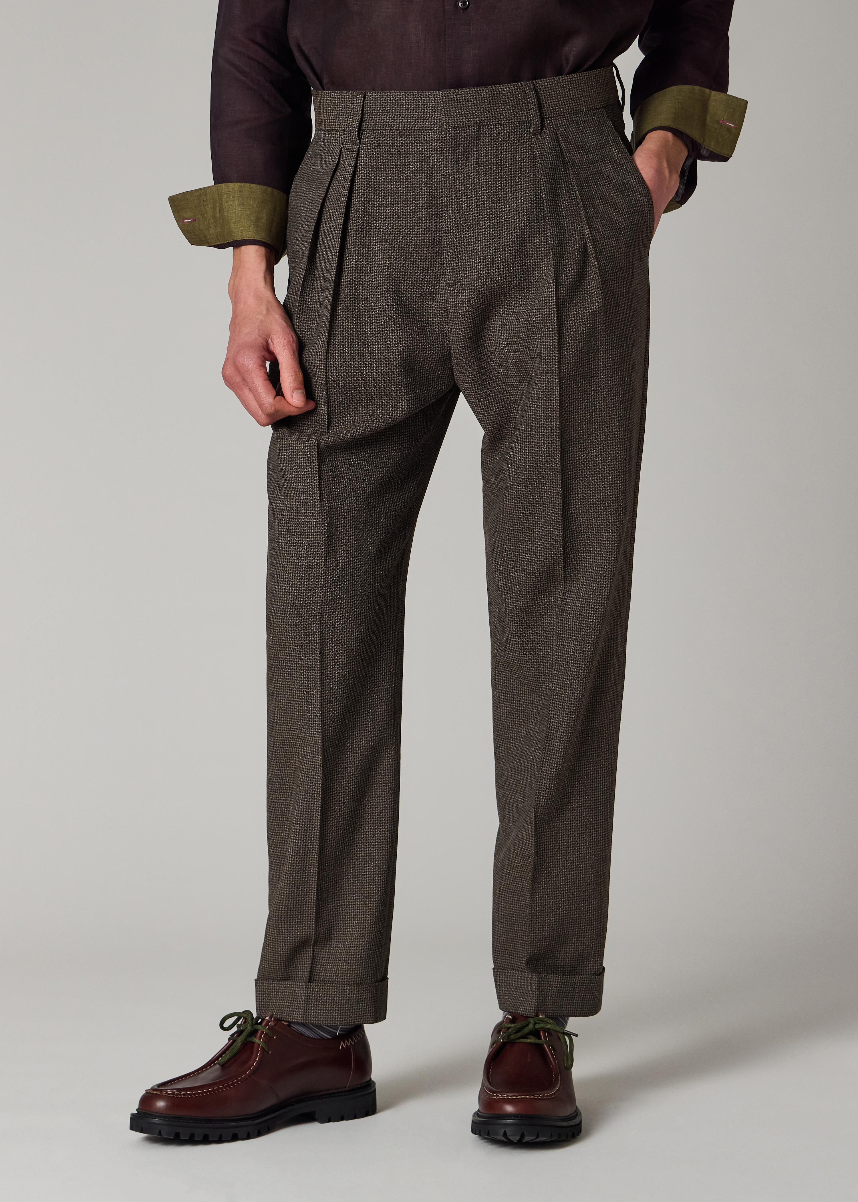 Men's Brown Check Two-Ply Merino Pleated Trousers