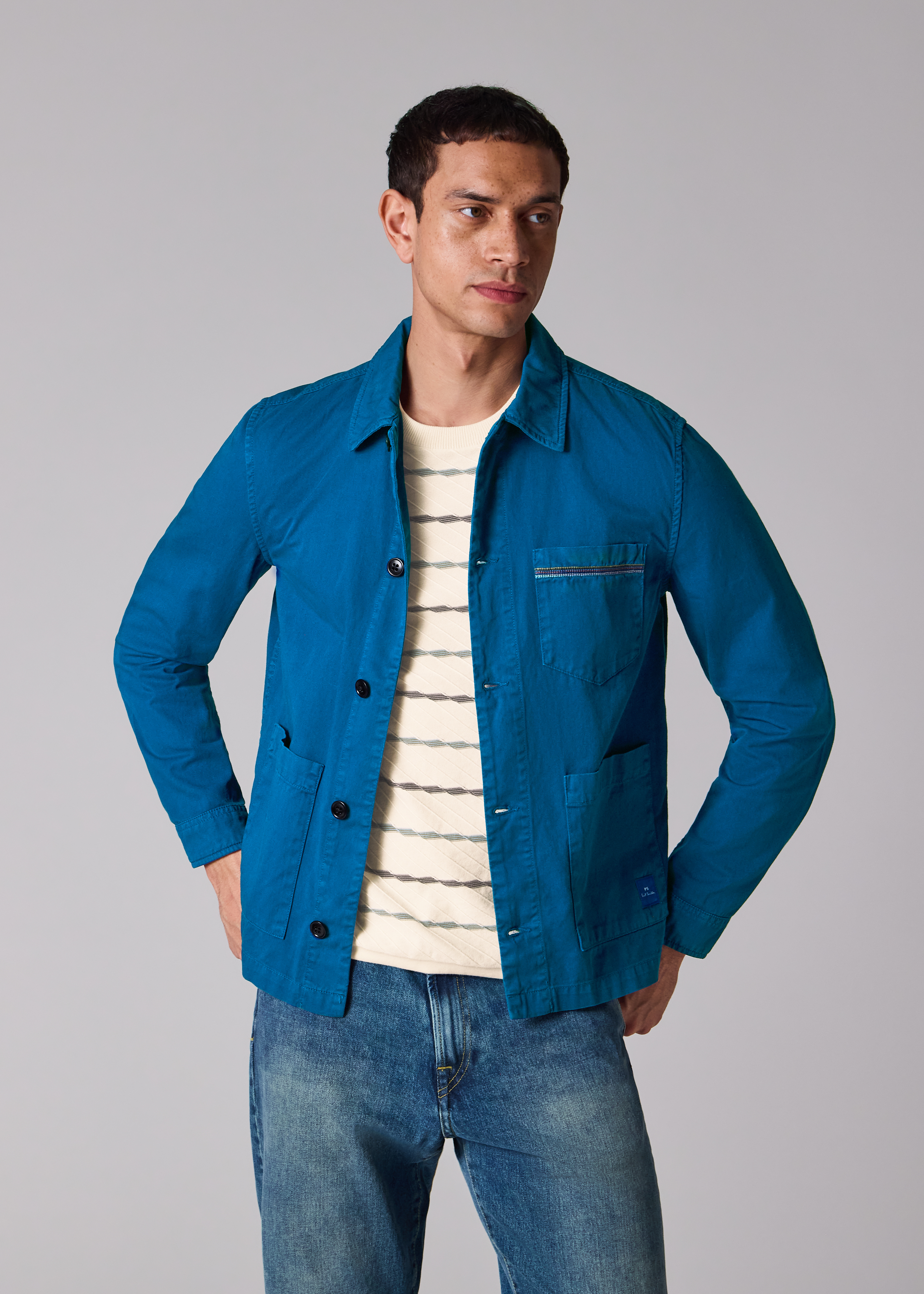 ジャケット・アウター 90s paul smith stitch embroidery jacket Men's Ocean Blue Cotton-Twill 'Stitch Stripe' Work Jacket