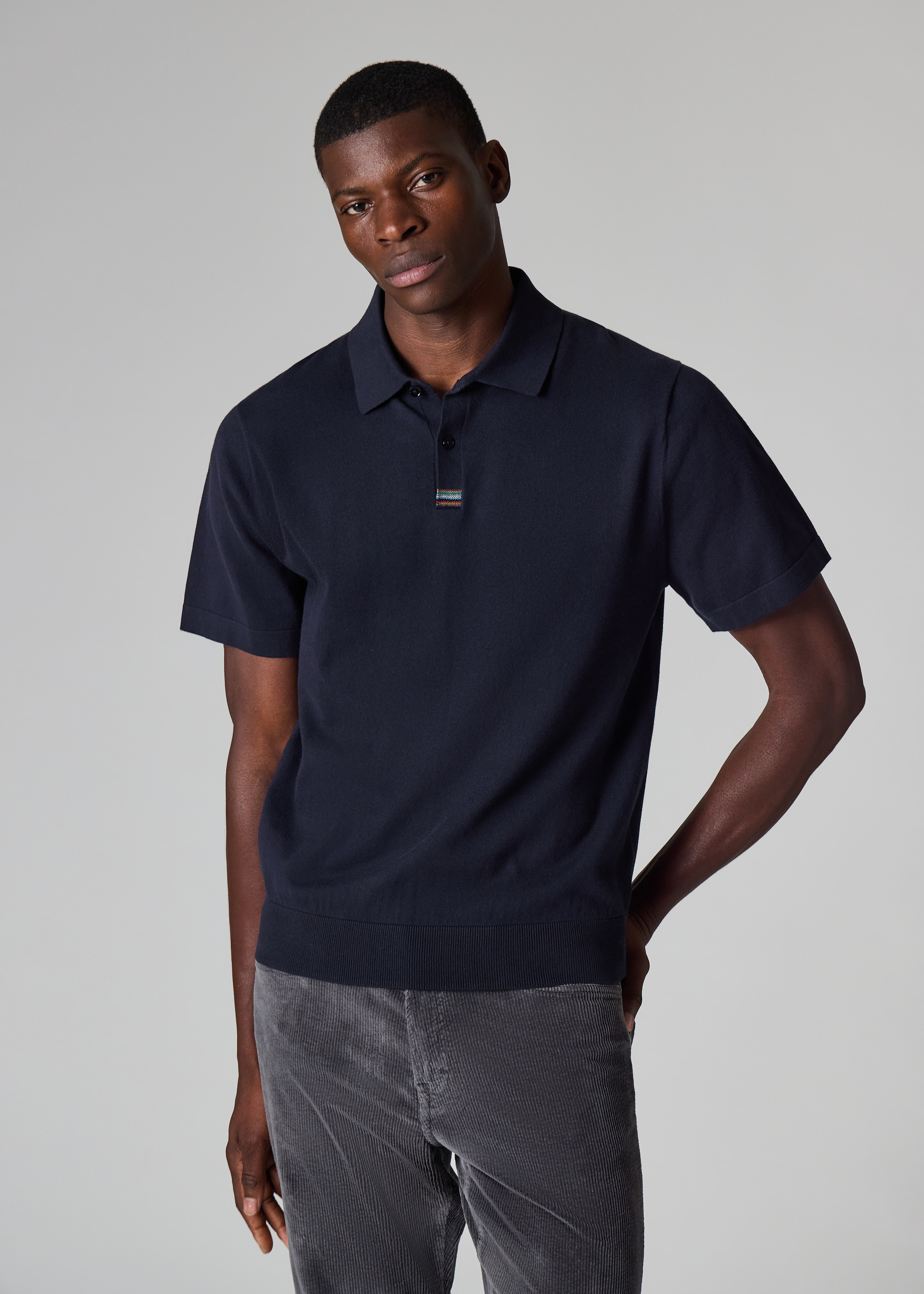 Paul Smith Navy Cotton 'Signature Stripe' Trim Zip Polo Shirt