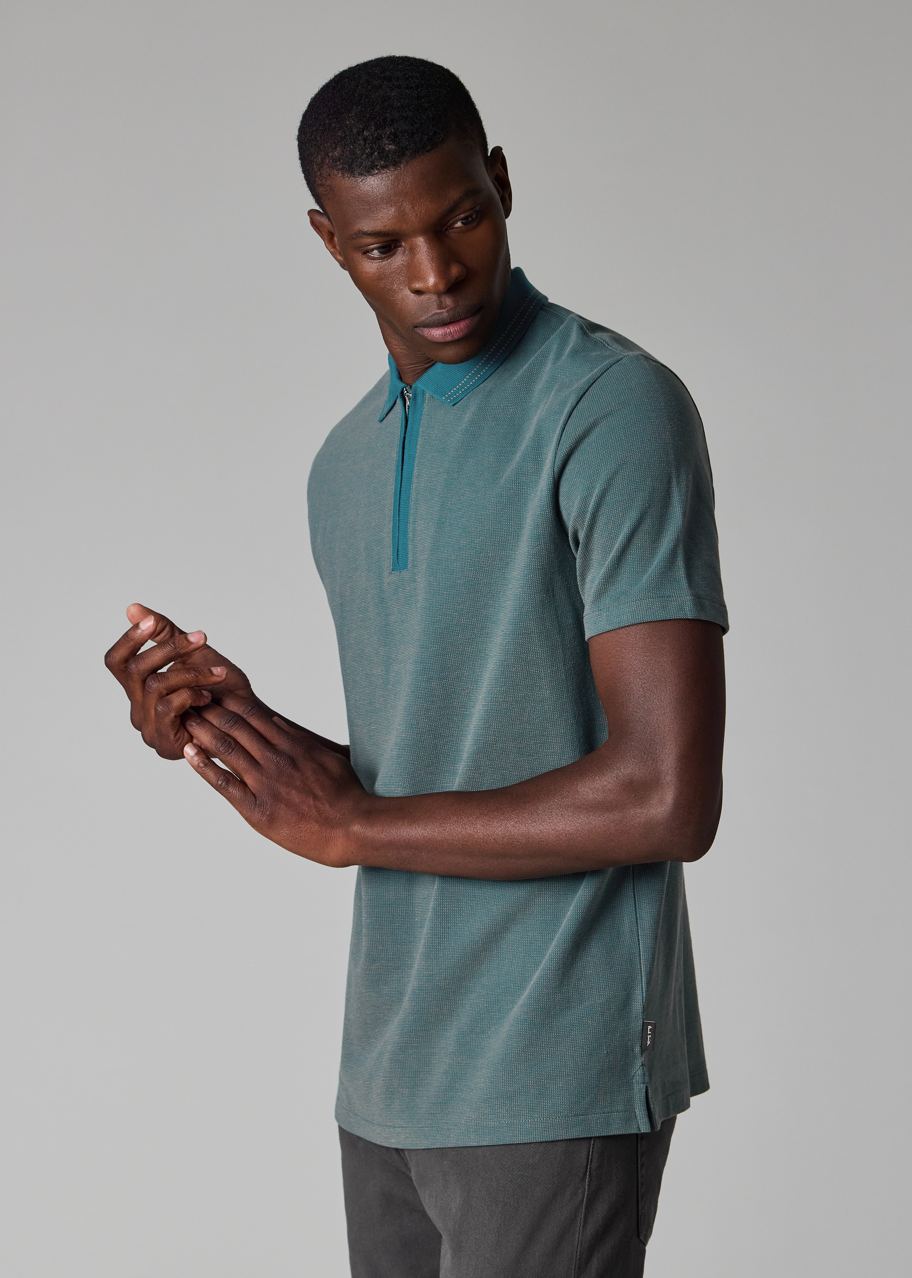 Men's Teal Cotton Jacquard Zip-Neck Polo Shirt