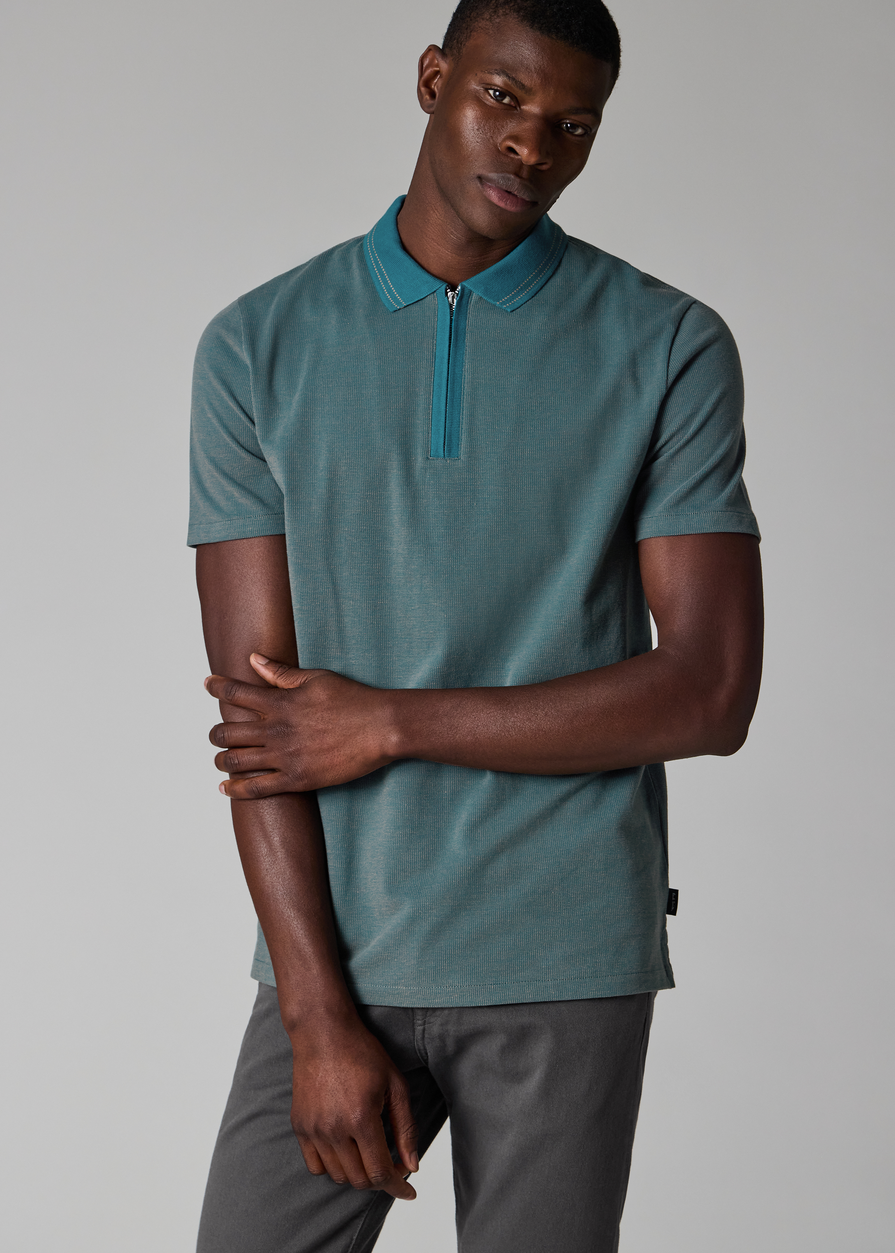 Men's Teal Cotton Jacquard Zip-Neck Polo Shirt