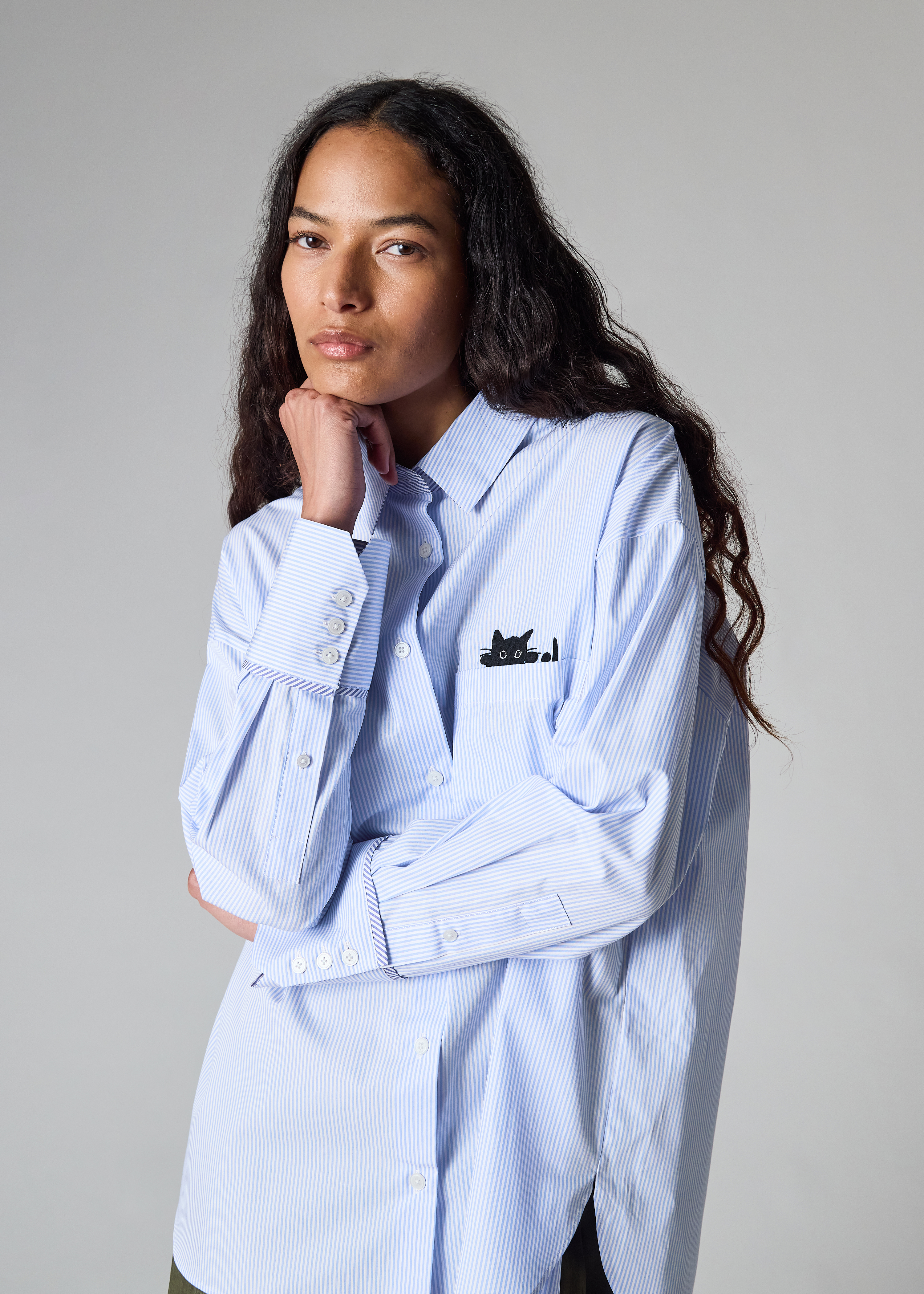 専用です       embroidery stripe shirt ブルー Loose embroidered stripe shirt - Blue stripes