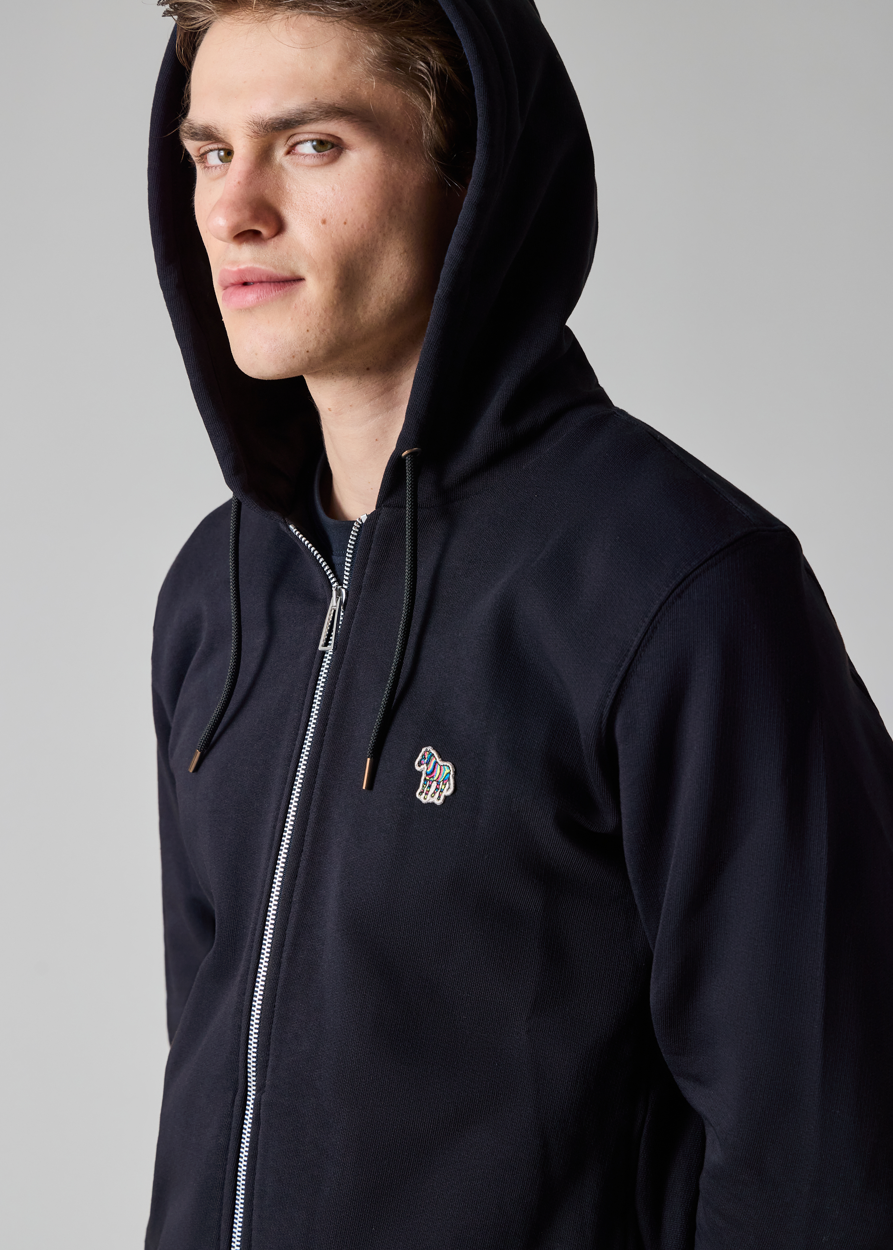 Dark Navy Cotton Zip-Front Zebra Logo Hoodie