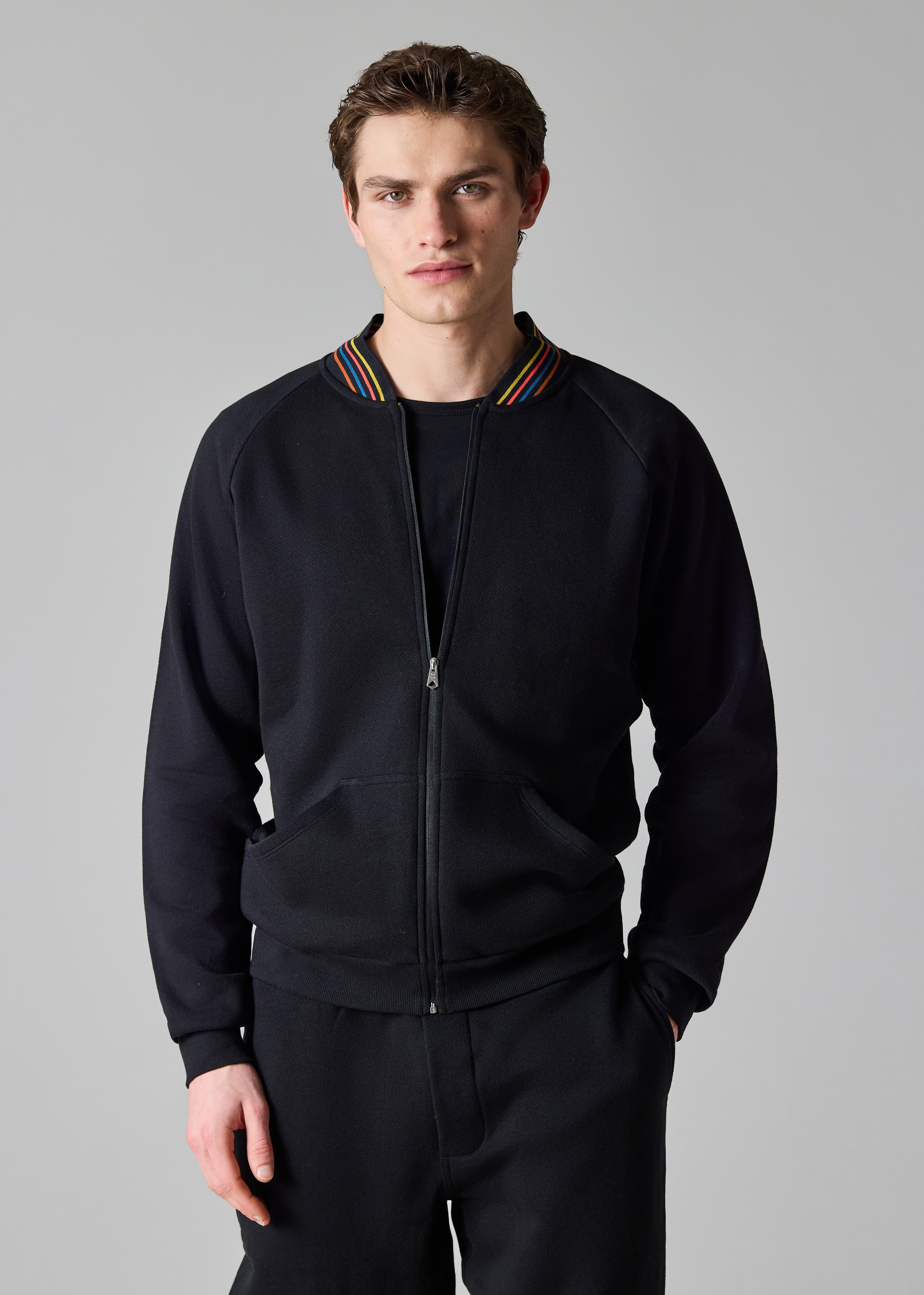 Men's Black Cotton 'Artist Stripe' Zip Lounge Top