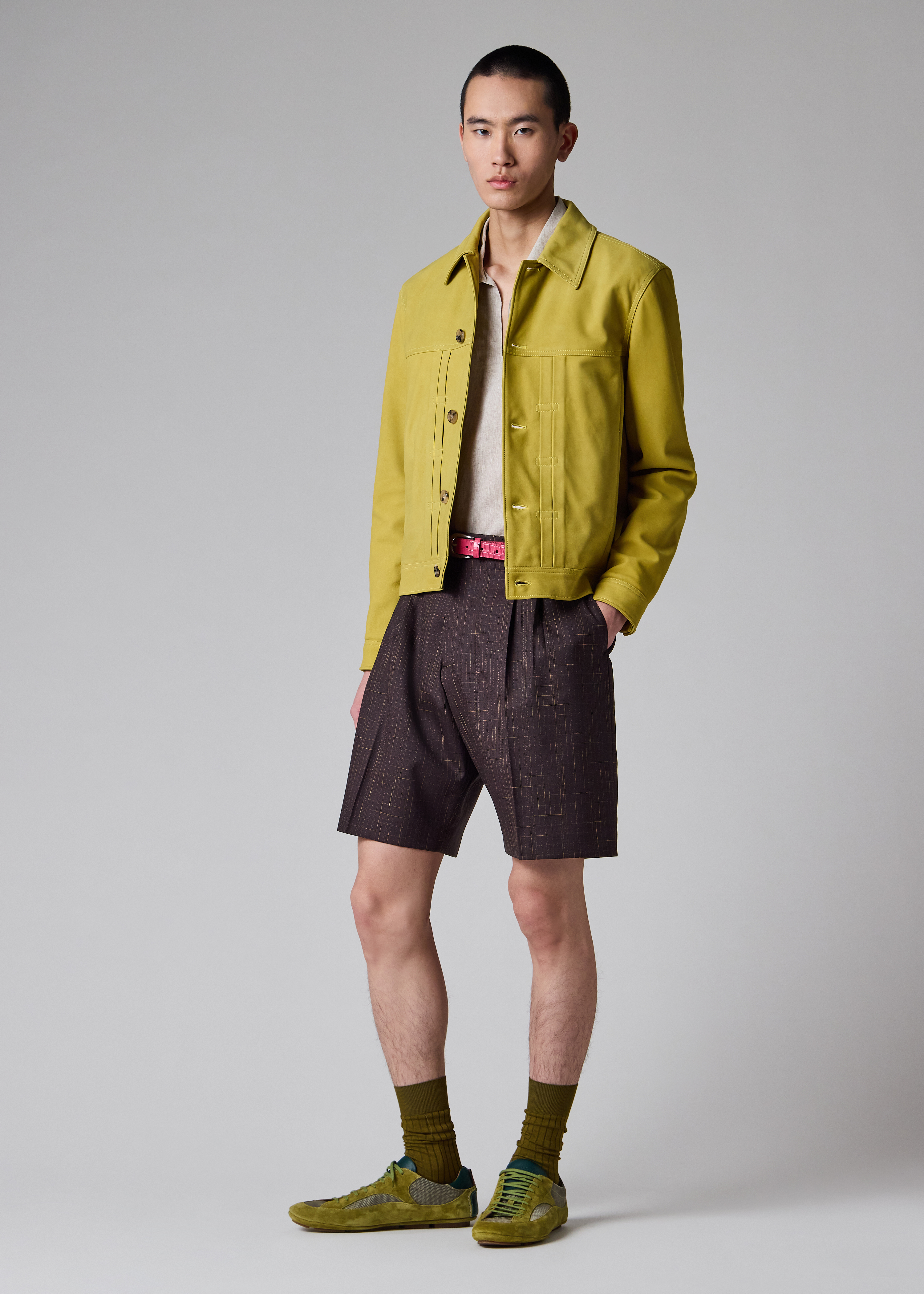 Men's Yellow Nubuck Leather Pleated Trucker Jacket