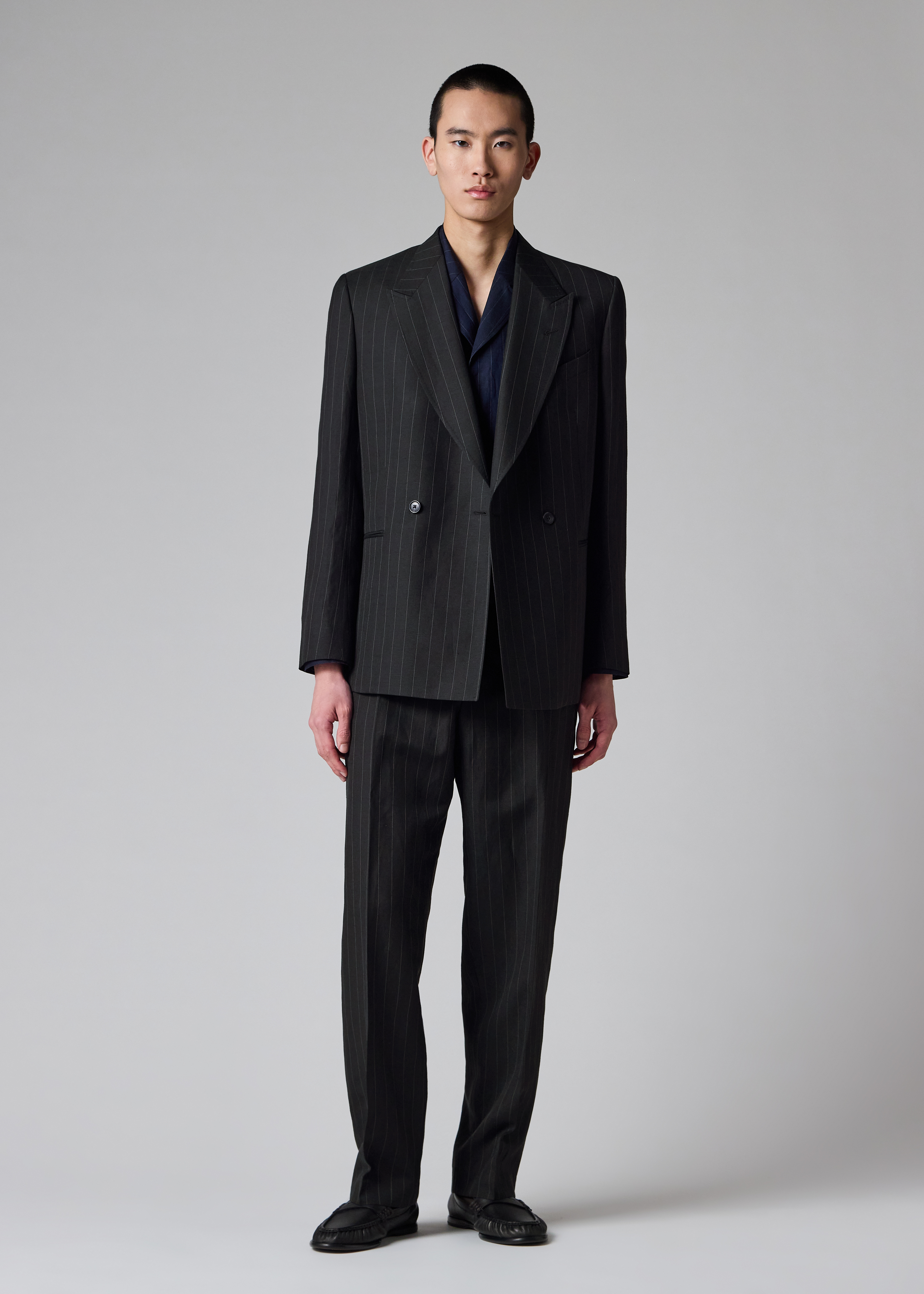 Paul Smith Black Wool-Linen Pinstripe Double-Breasted Blazer