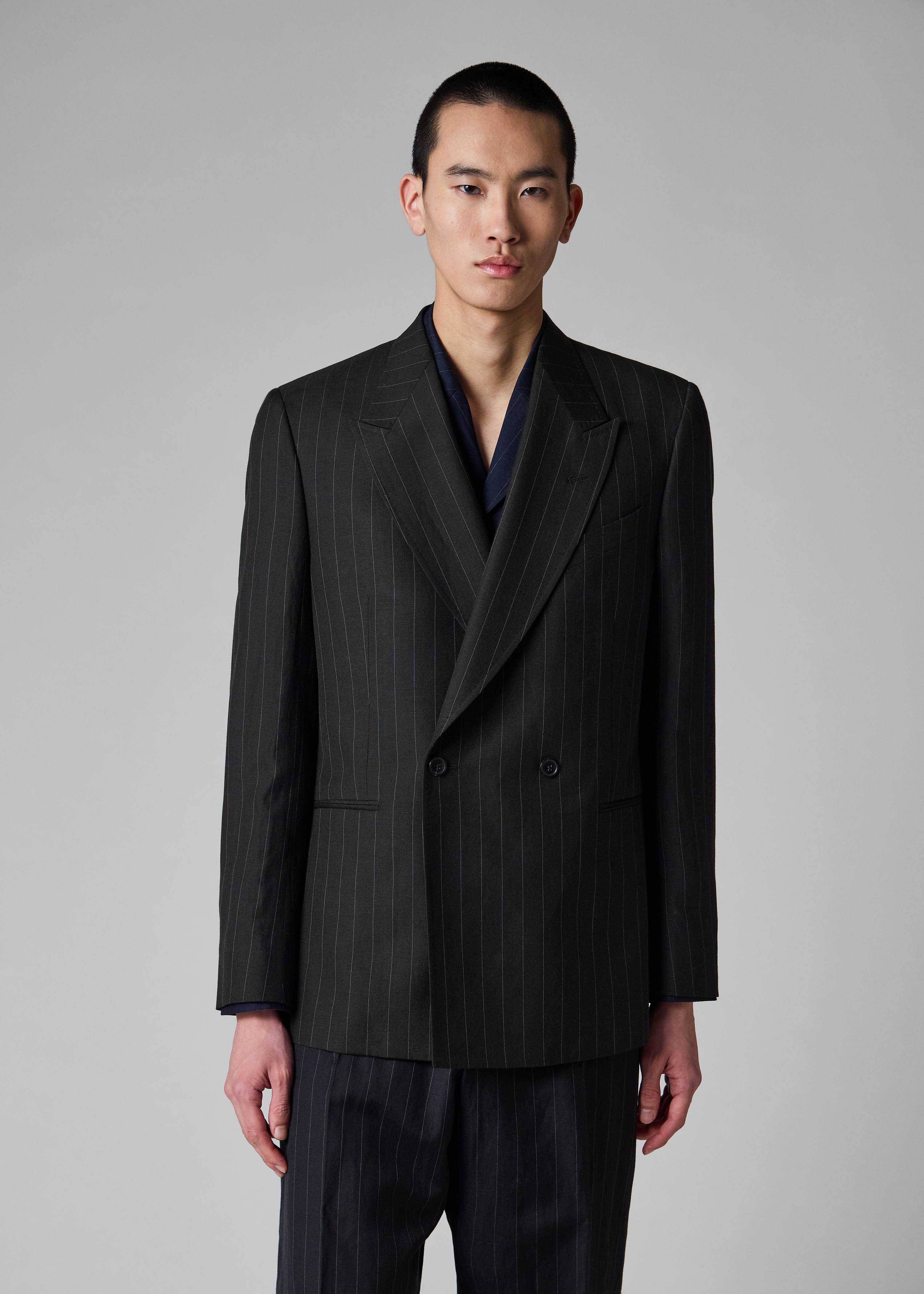 Paul Smith Black Wool-Linen Pinstripe Double-Breasted Blazer