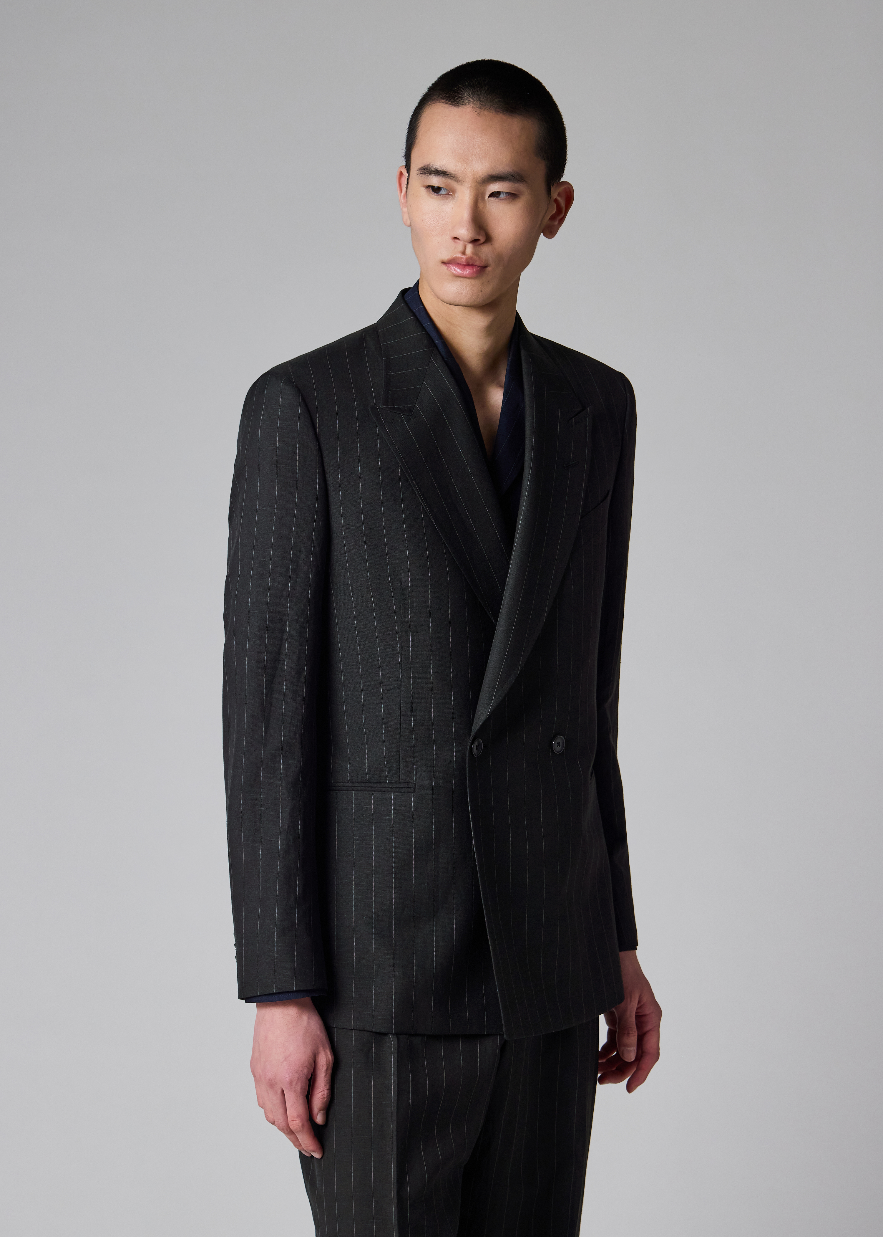 Paul Smith Black Wool-Linen Pinstripe Double-Breasted Blazer 