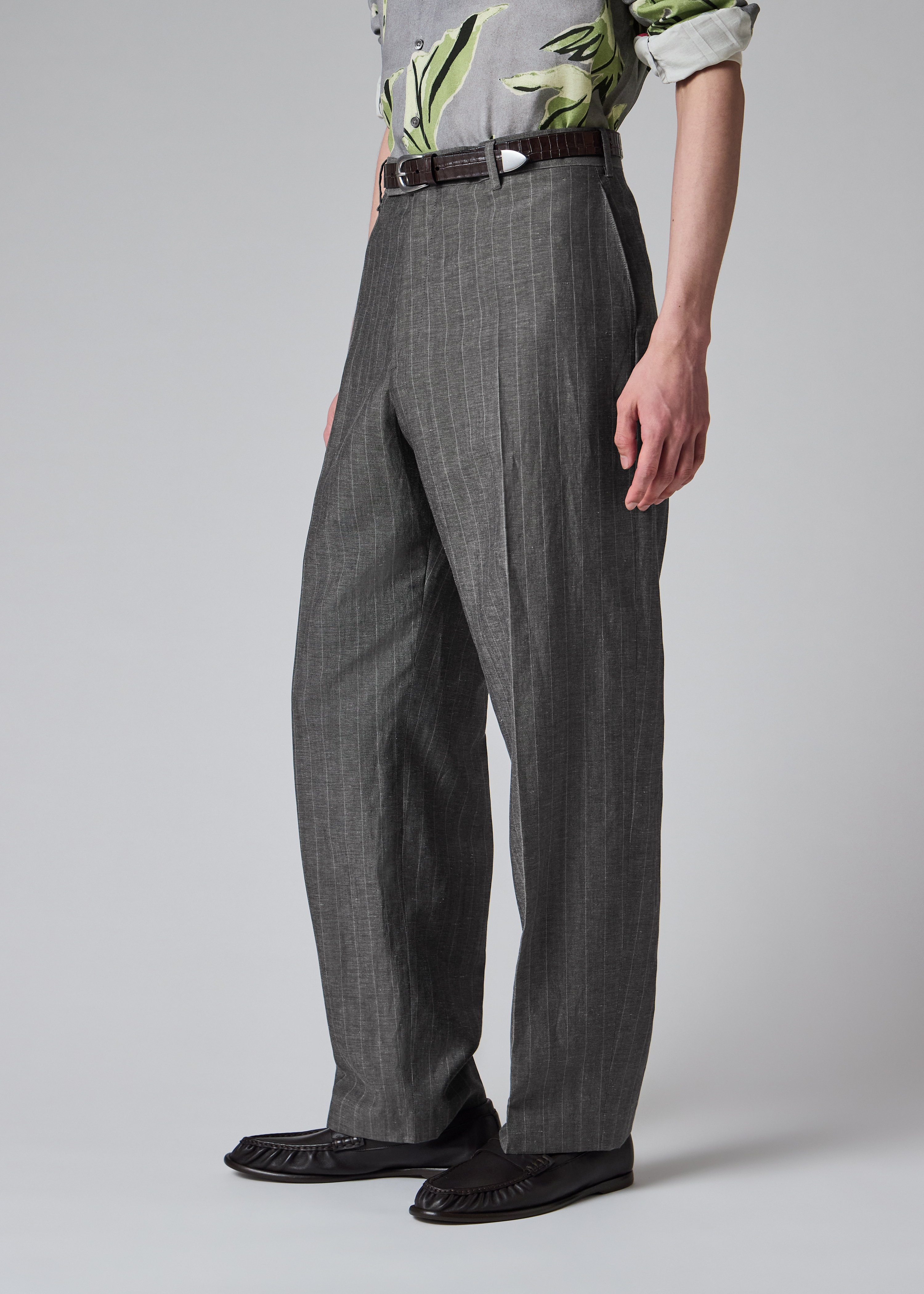 Relaxed-Fit Grey Wool-Linen Pinstripe Trousers thumbnail 6