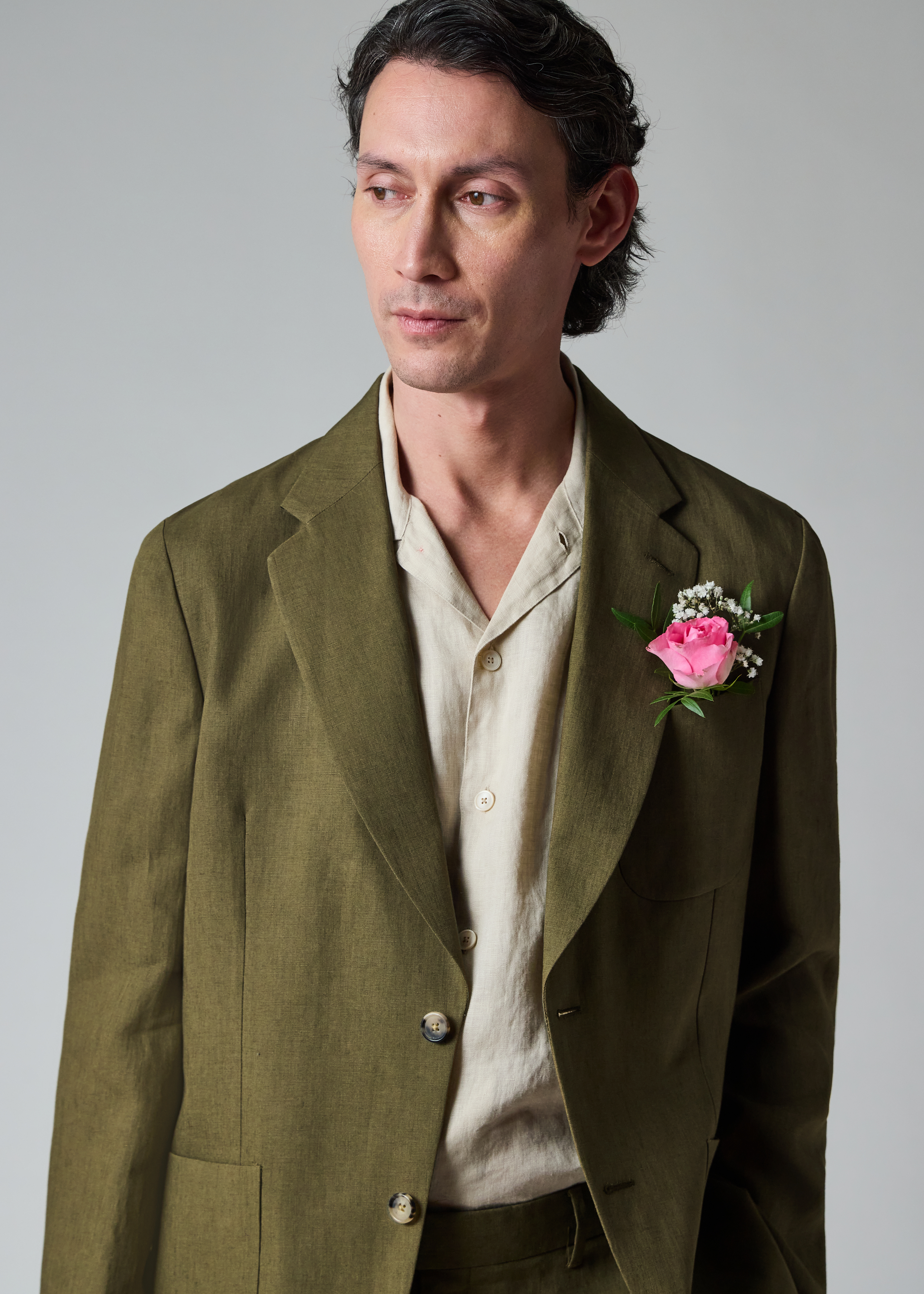 Khaki Linen Two-Button Blazer thumbnail 3