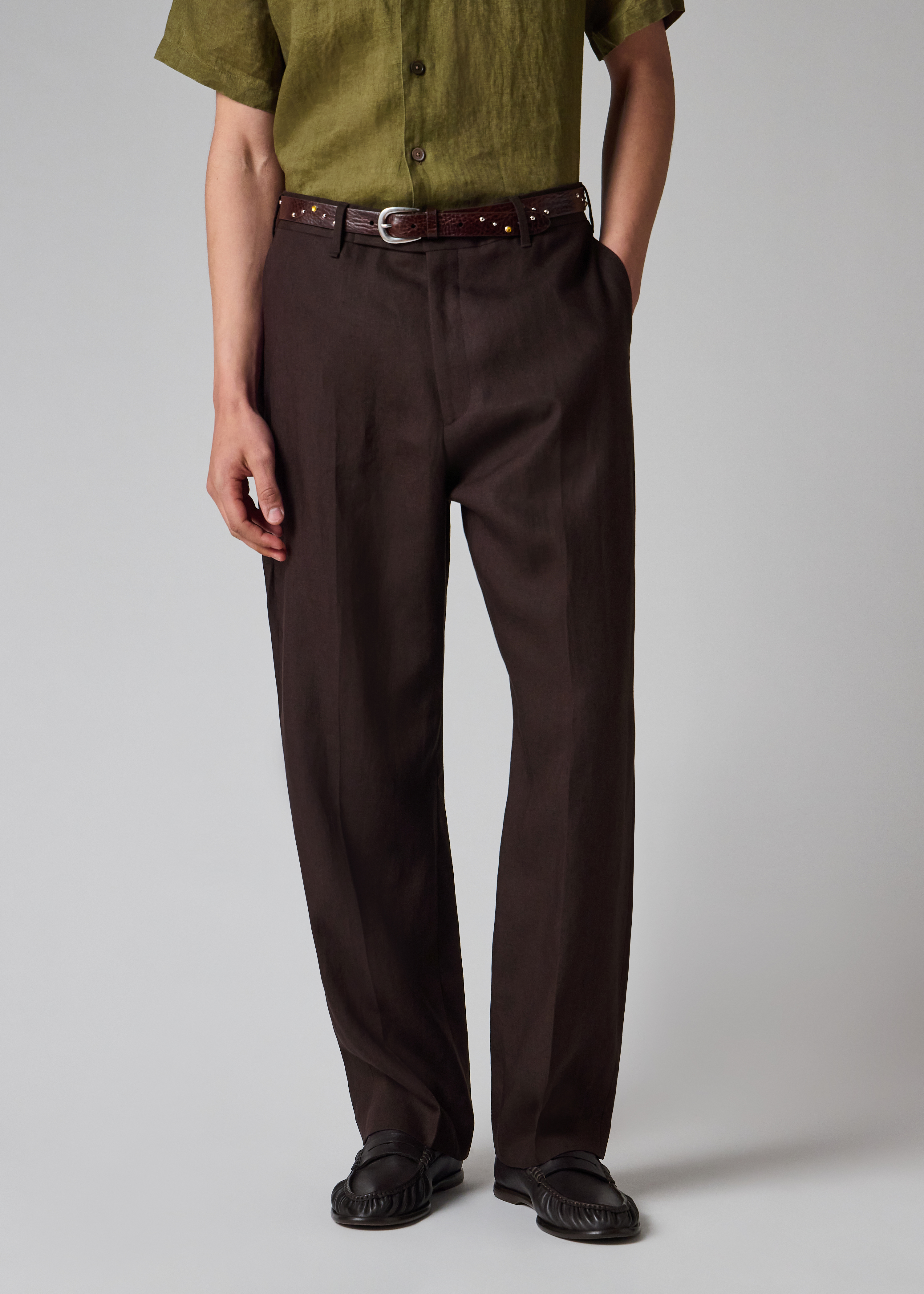 Relaxed-Fit Aubergine Linen Trousers thumbnail 2