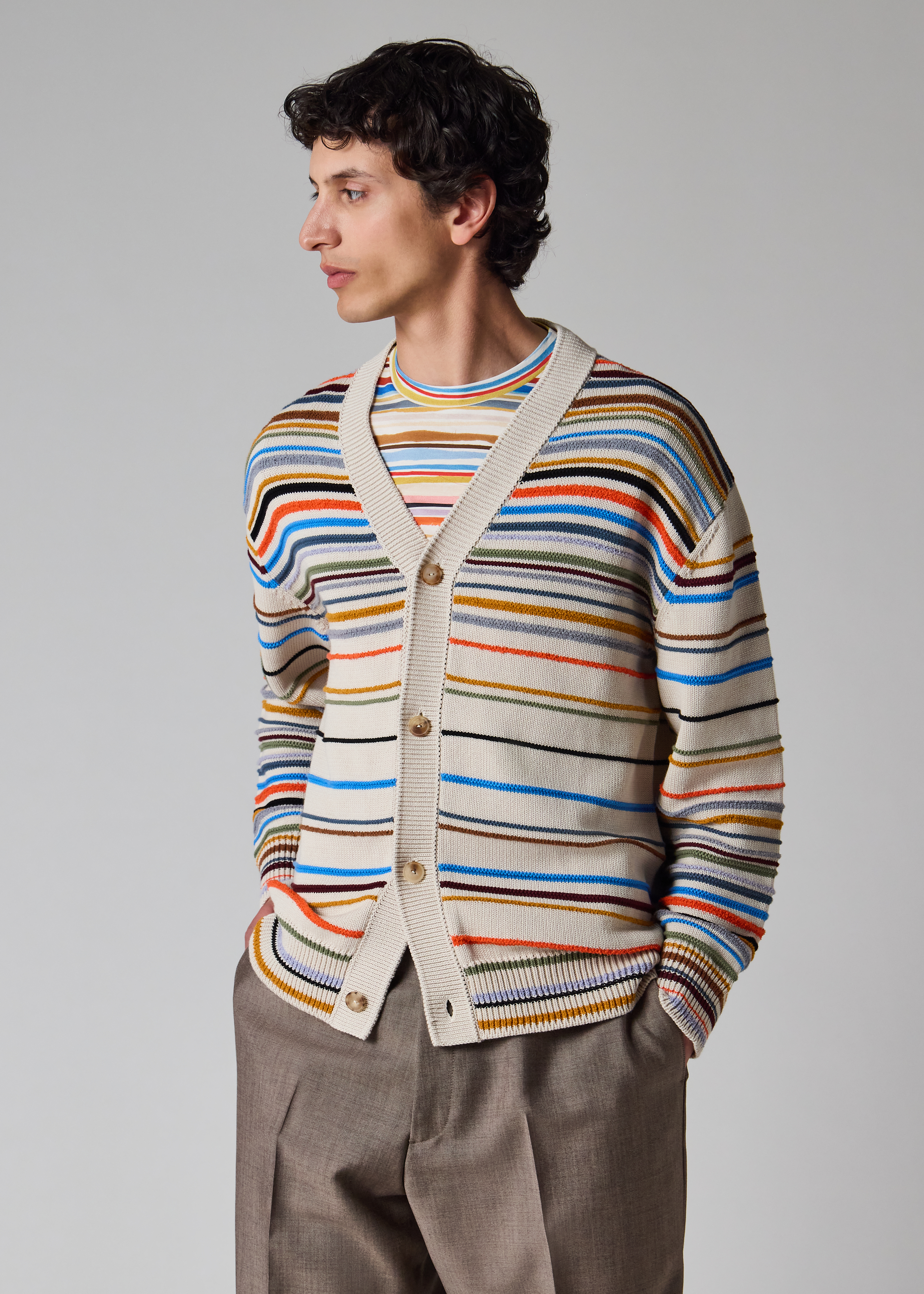 Paul Smith レイヤードカラー カーディガン　エクリュ Paul Smith Ecru 'Cairo Stripe' Cotton-Blend Cardigan | King's Cross
