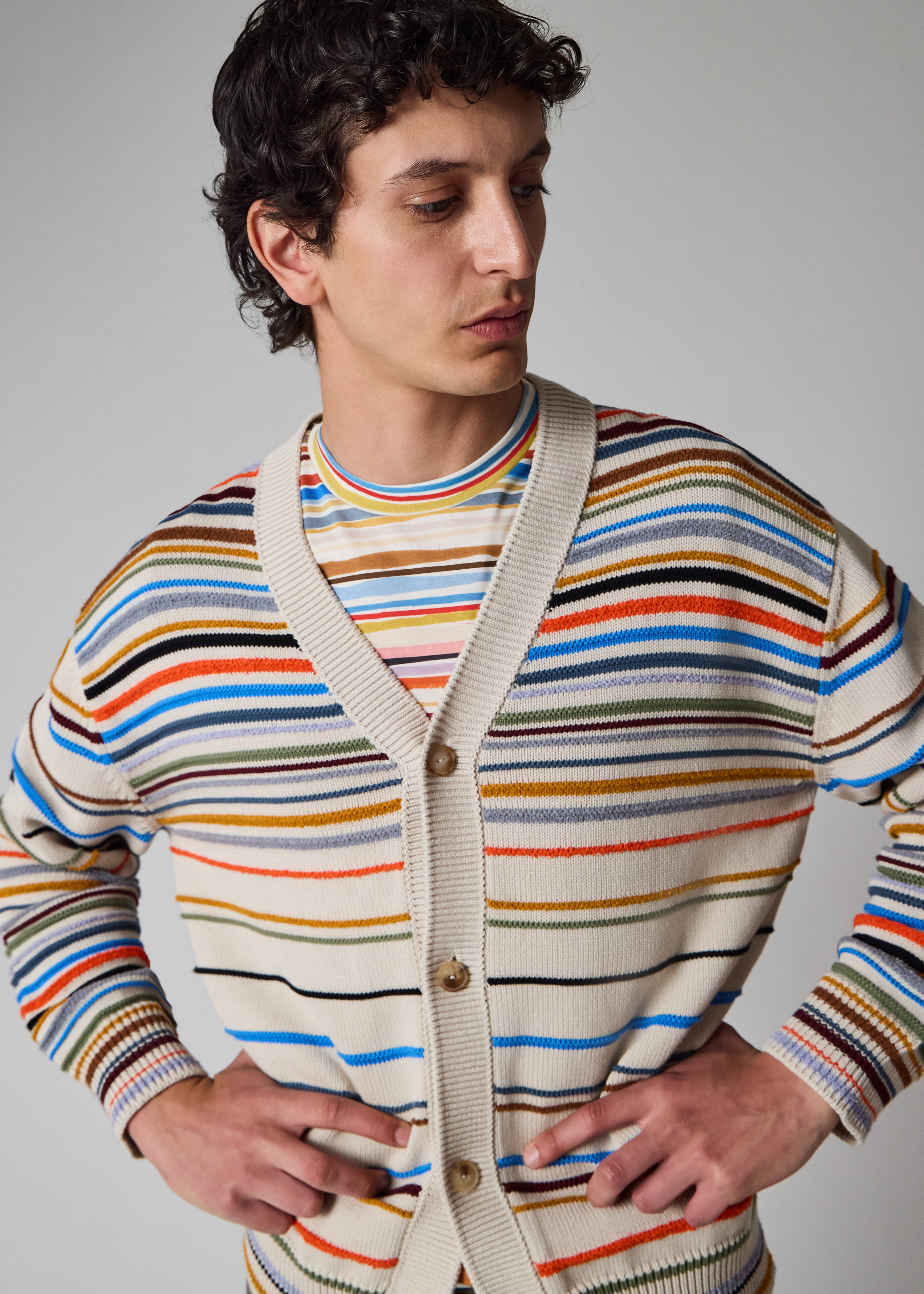 Men's Ecru 'Cairo Stripe' Cotton-Blend Cardigan
