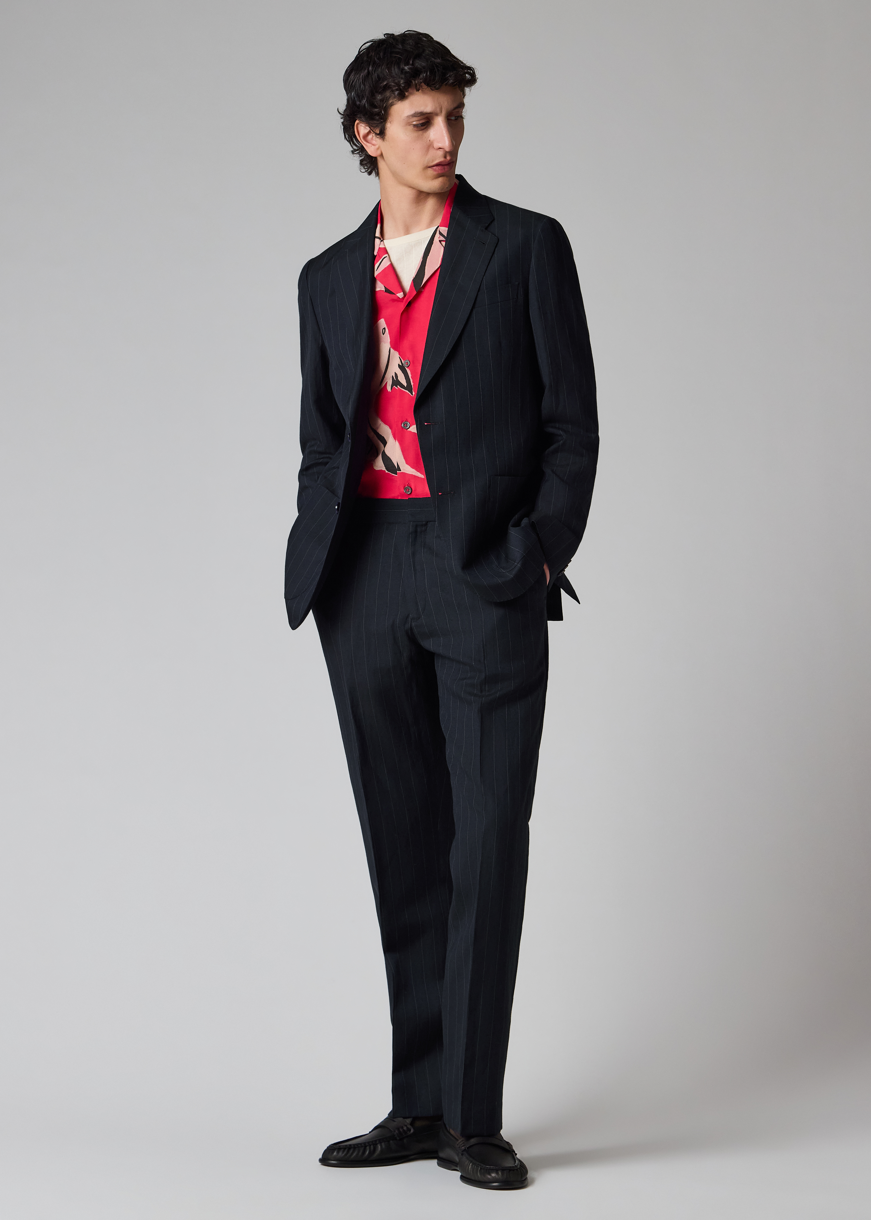 Navy Wool-Linen Pinstripe Elasticated Waist Trousers thumbnail 2
