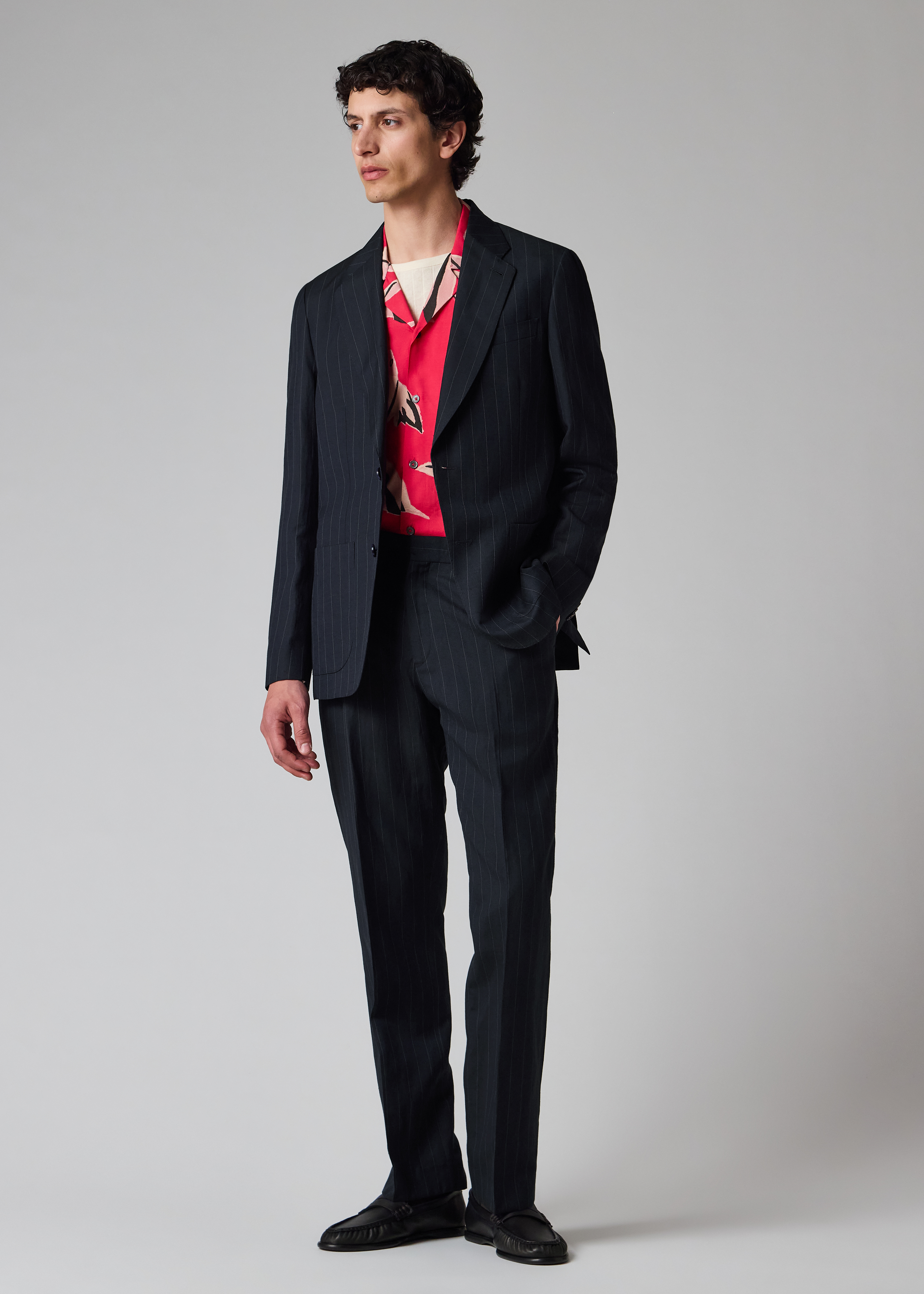 Navy Wool-Linen Pinstripe Elasticated Waist Trousers thumbnail 4