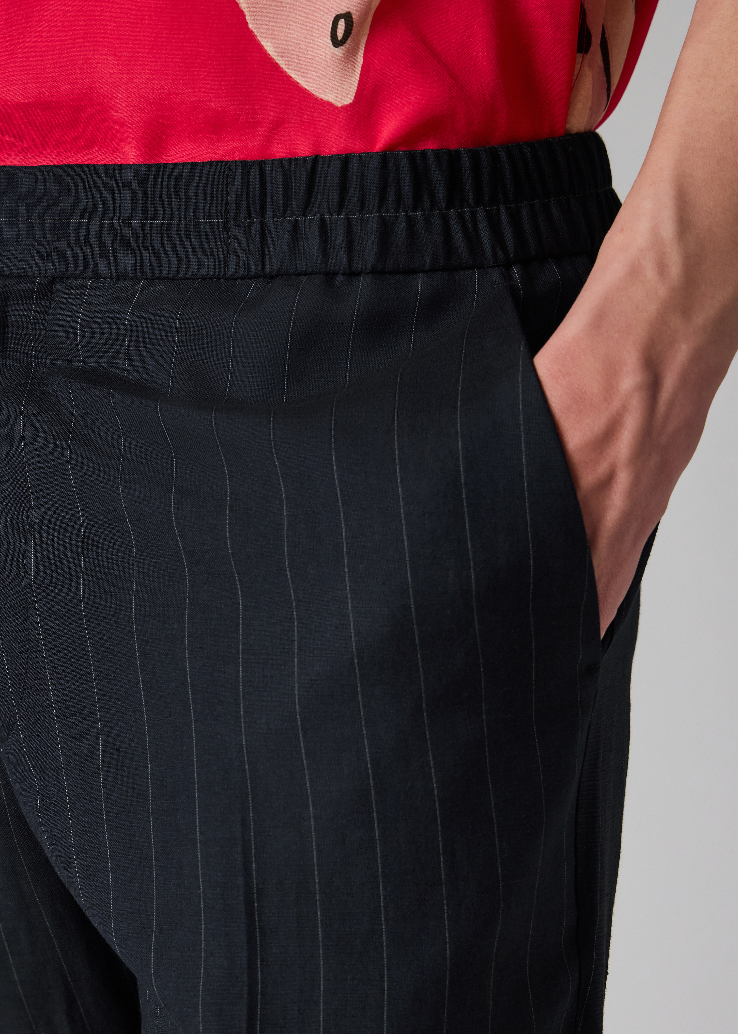 Navy Wool-Linen Pinstripe Elasticated Waist Trousers thumbnail 3