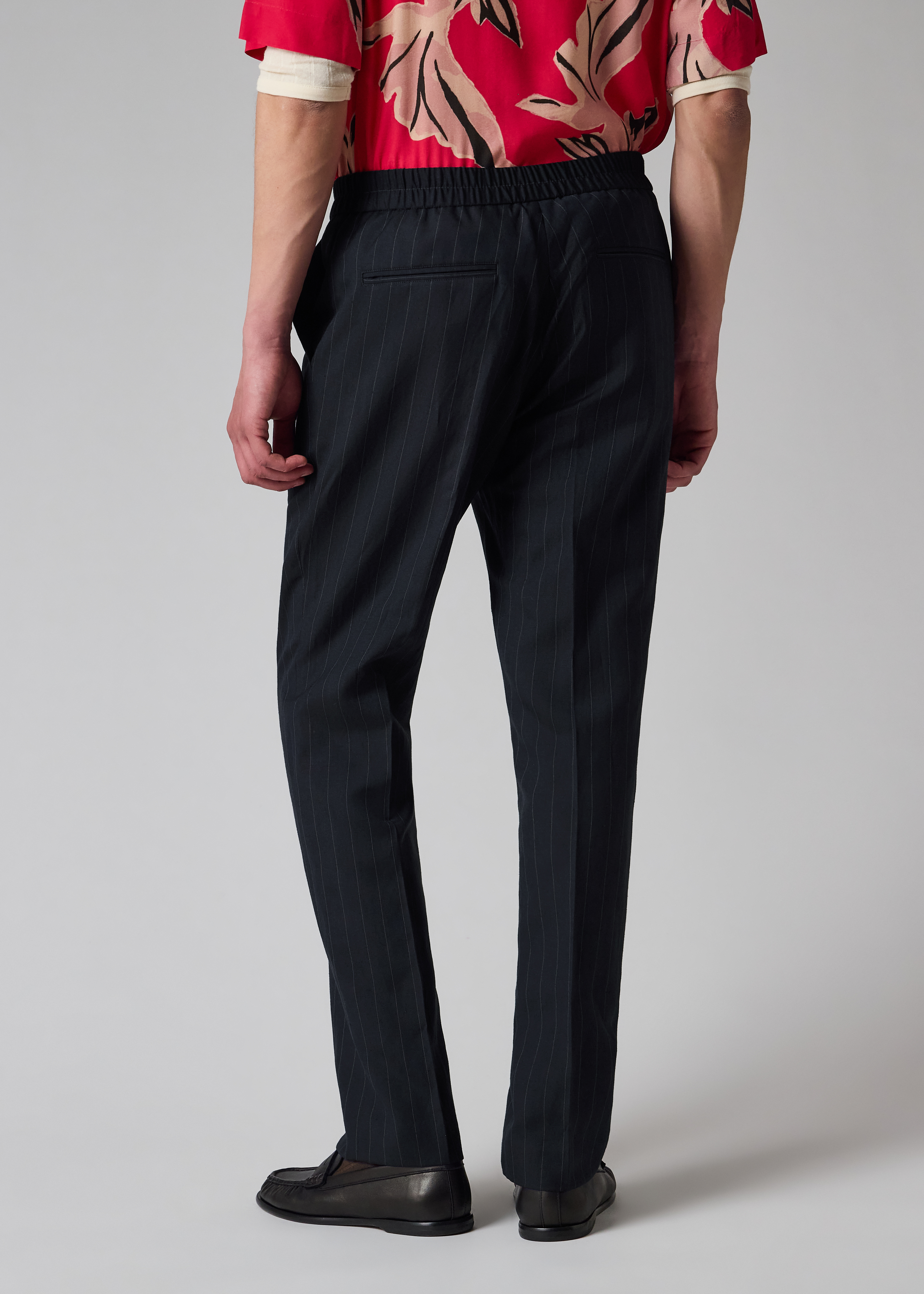 Navy Wool-Linen Pinstripe Elasticated Waist Trousers thumbnail 5
