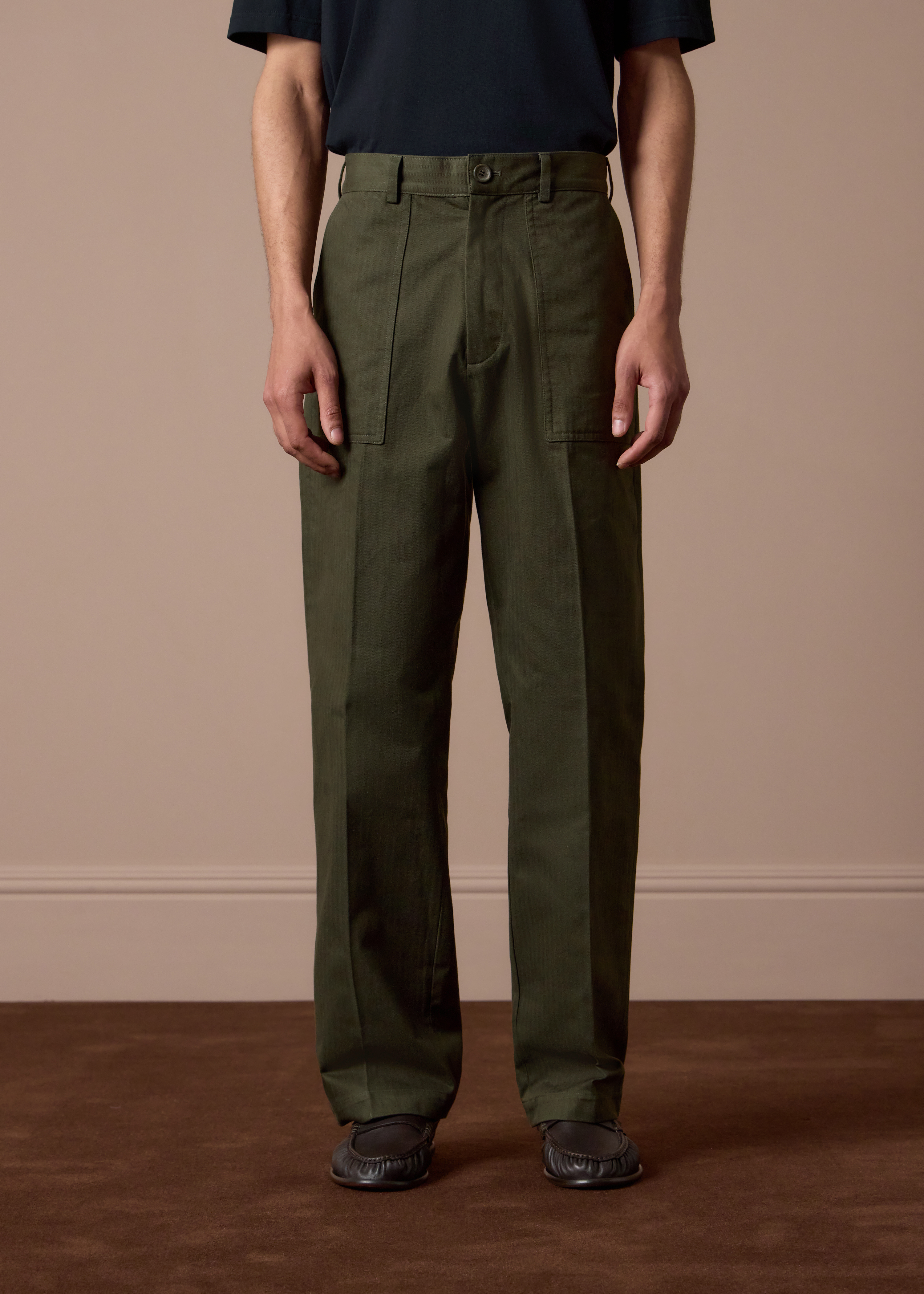 Khaki Cotton Herringbone Fatigue Trousers primary image