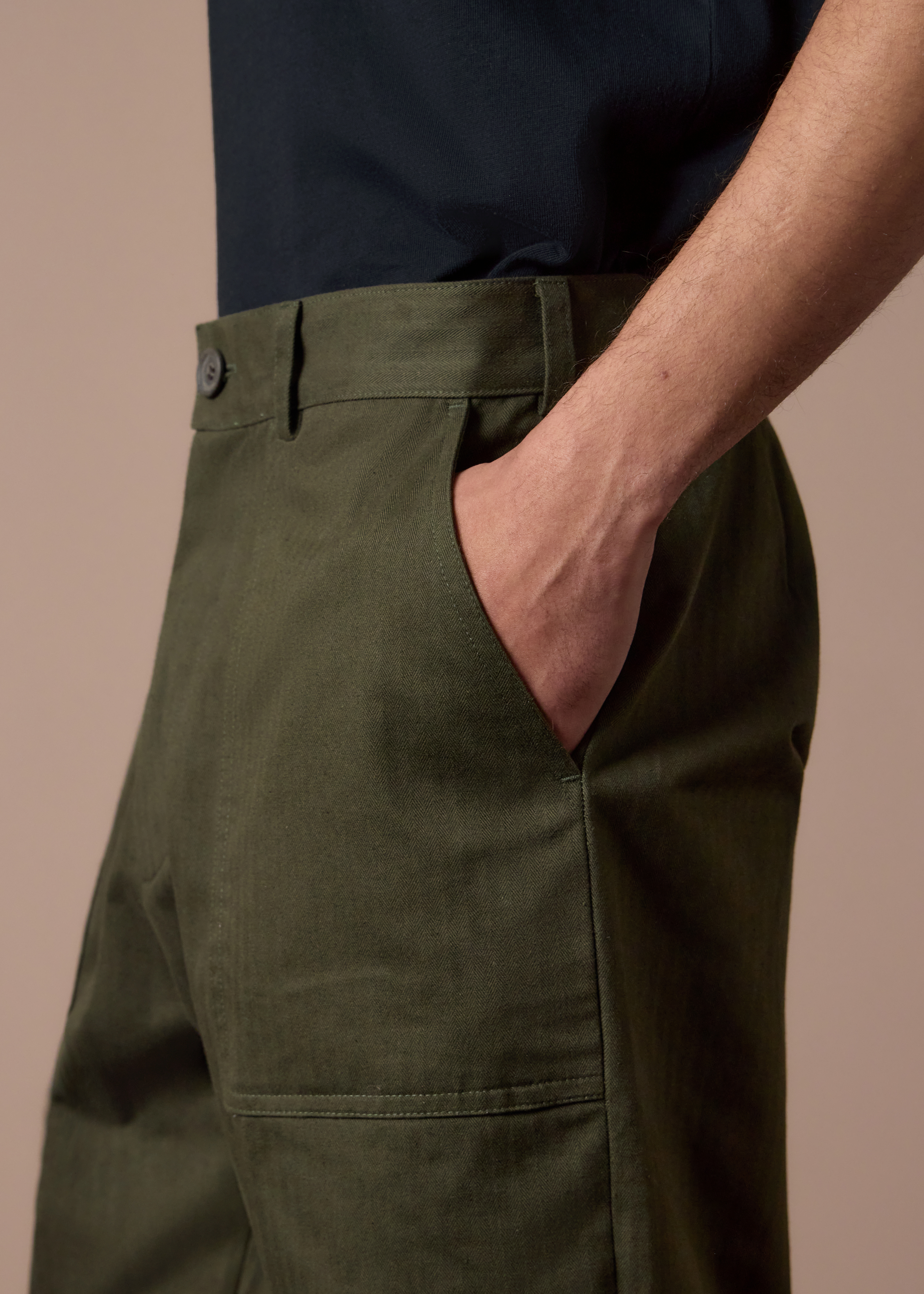 Khaki Cotton Herringbone Fatigue Trousers thumbnail 3
