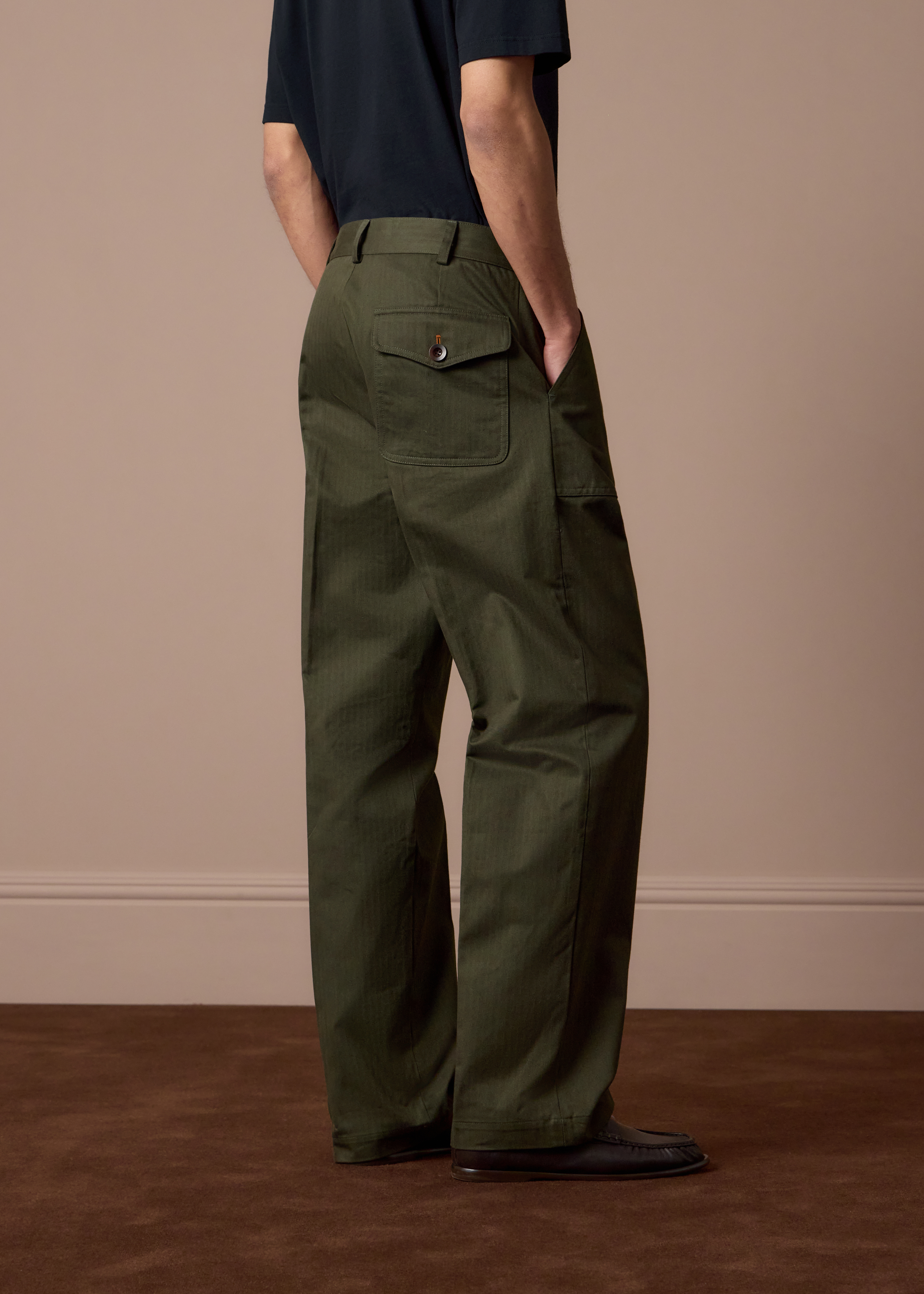 Khaki Cotton Herringbone Fatigue Trousers thumbnail 7