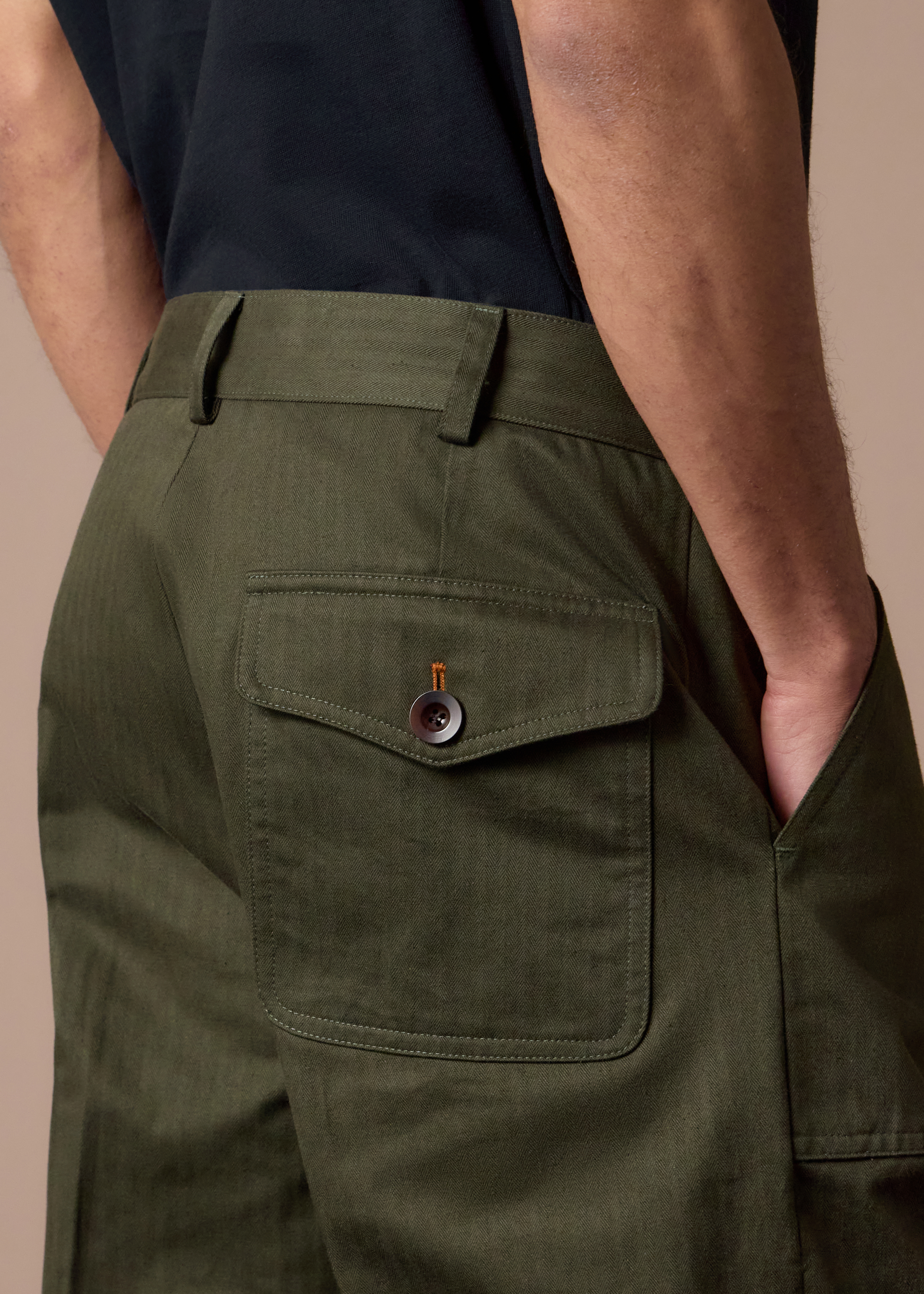 Khaki Cotton Herringbone Fatigue Trousers thumbnail 5