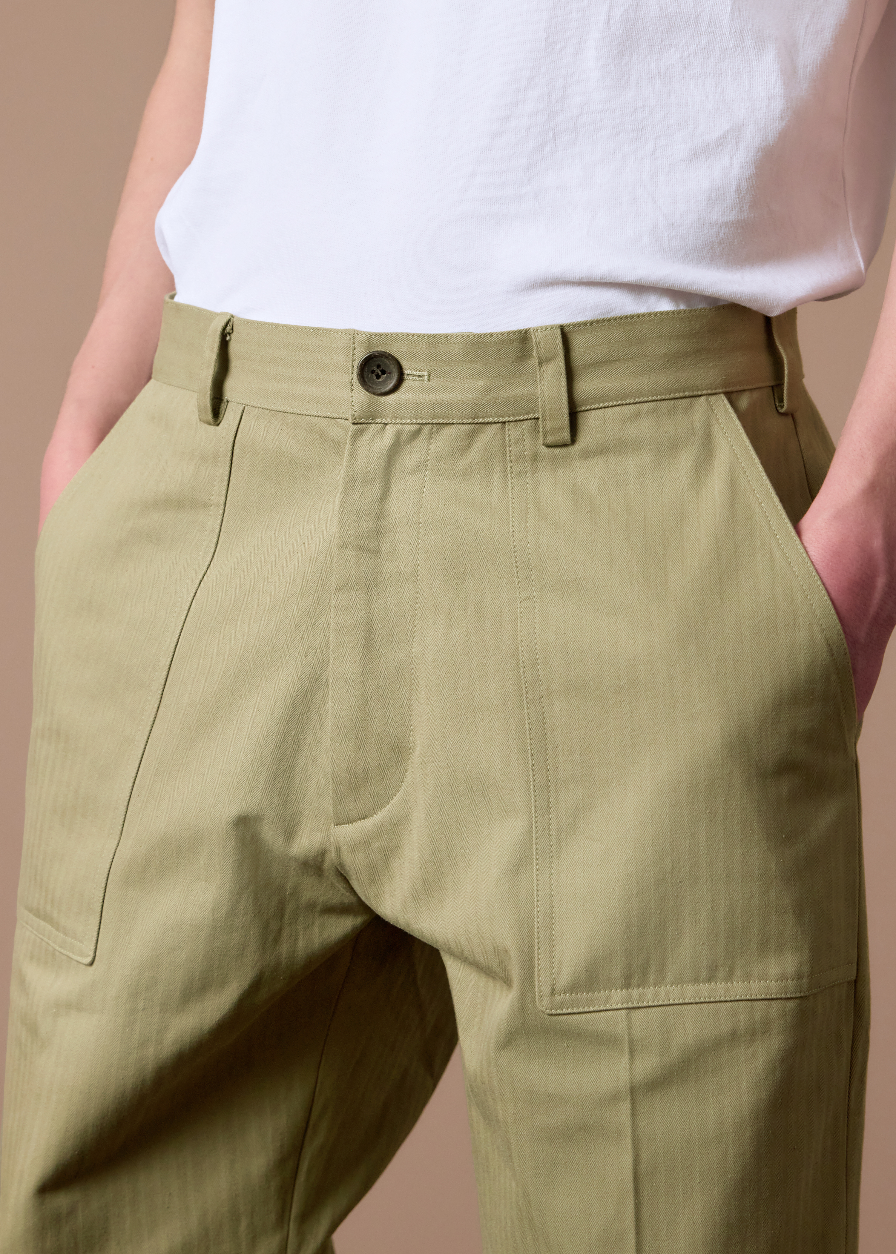 Stone Cotton Herringbone Fatigue Trousers thumbnail 2