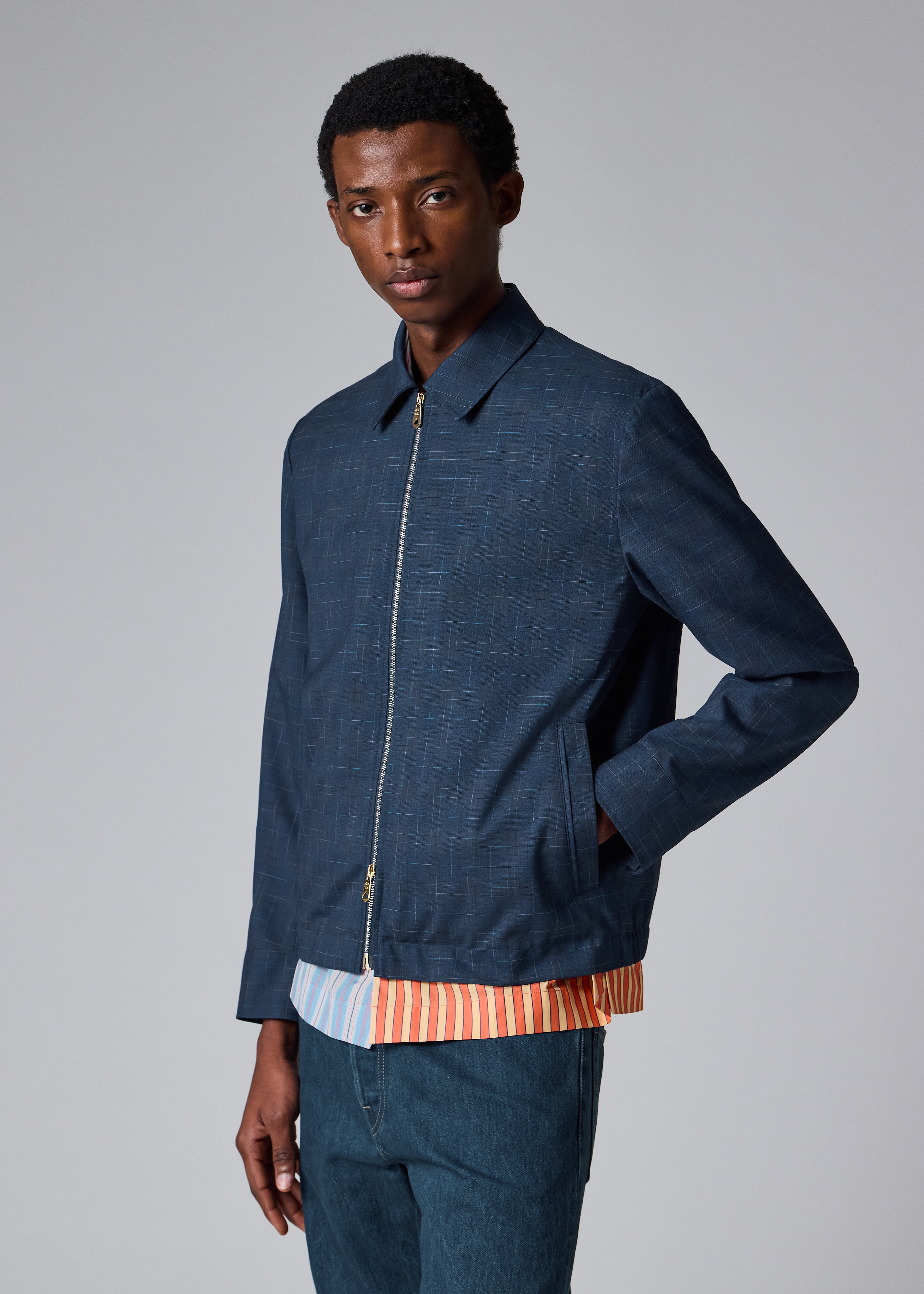Navy Space-Dye Check Wool Jacket thumbnail 2