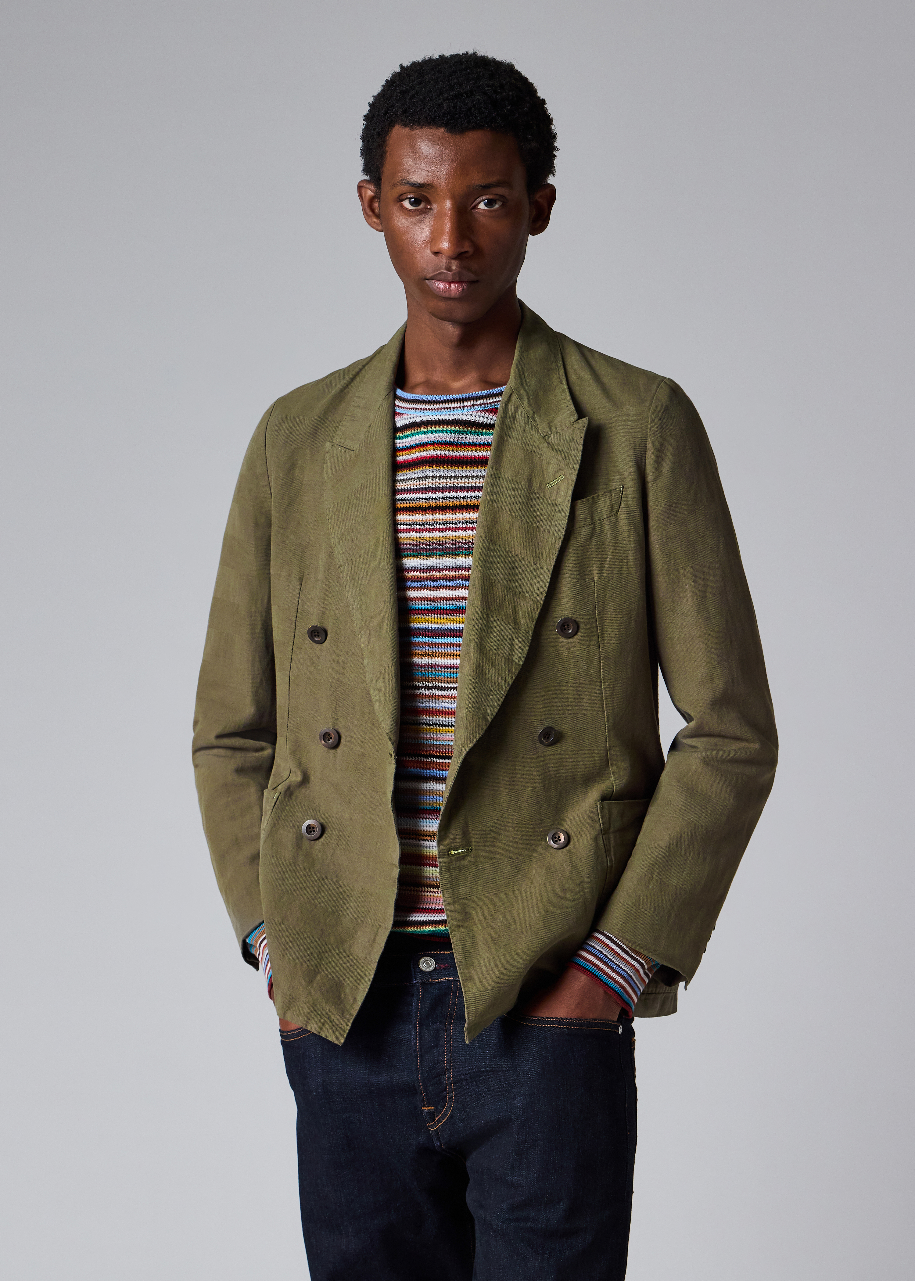 Khaki Green Cotton-Linen Double-Breasted Blazer thumbnail 2