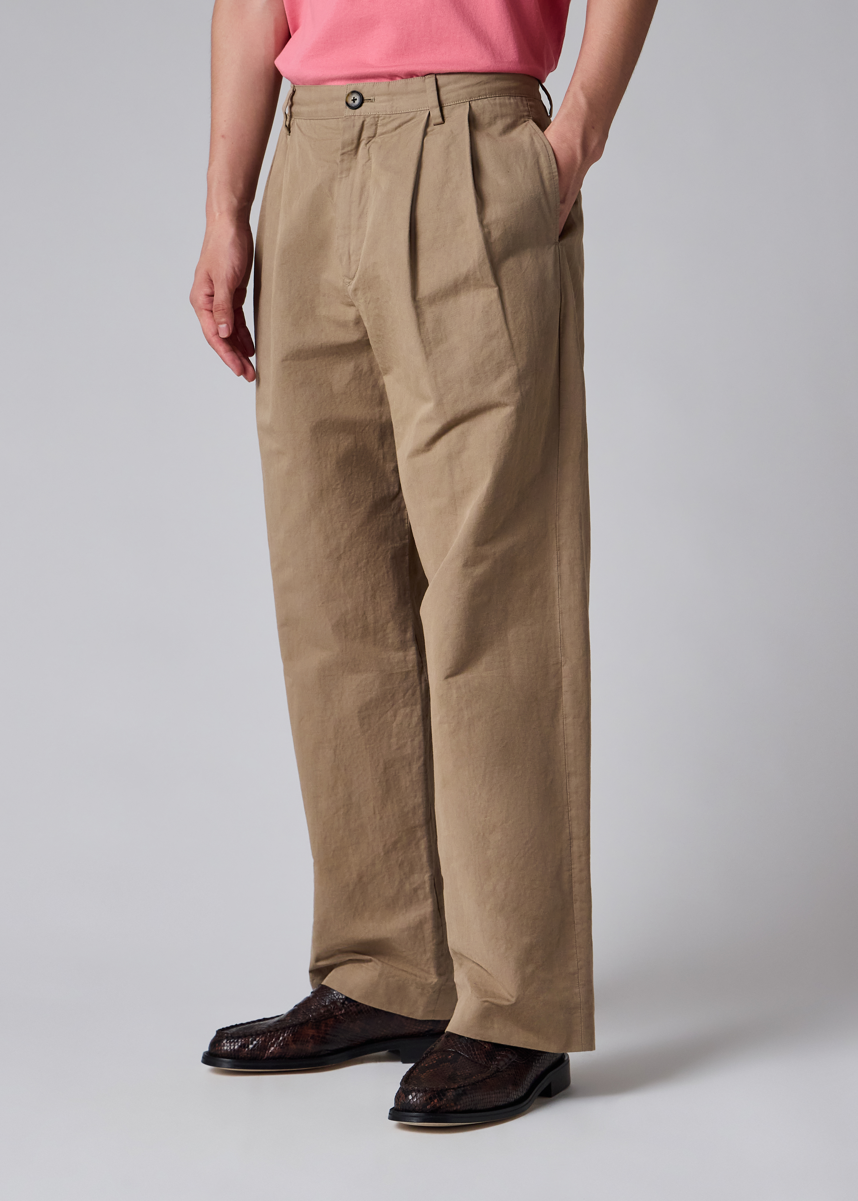 Taupe Cotton-Linen Double Pleat Trousers thumbnail 2