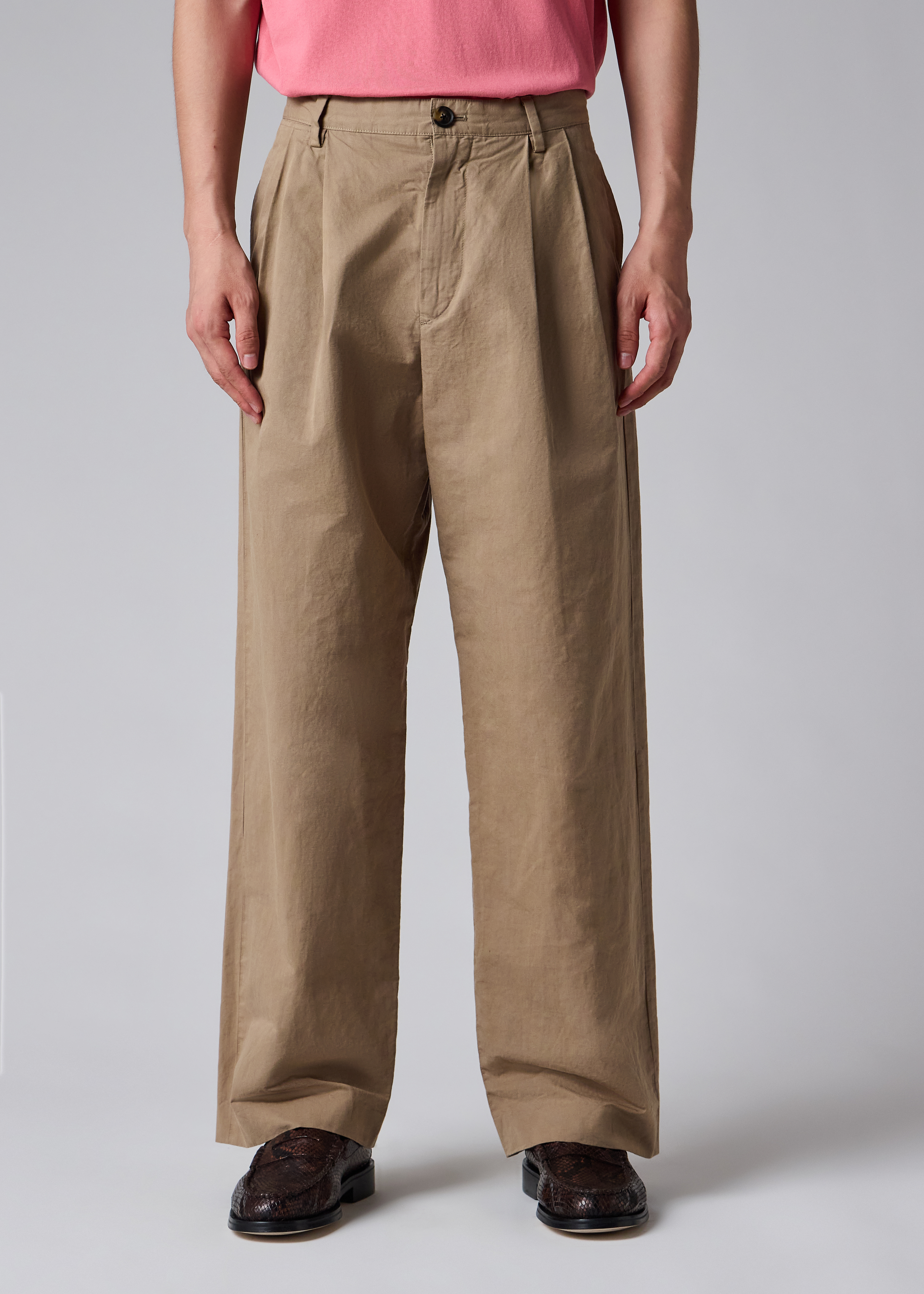 Taupe Cotton-Linen Double Pleat Trousers thumbnail 8