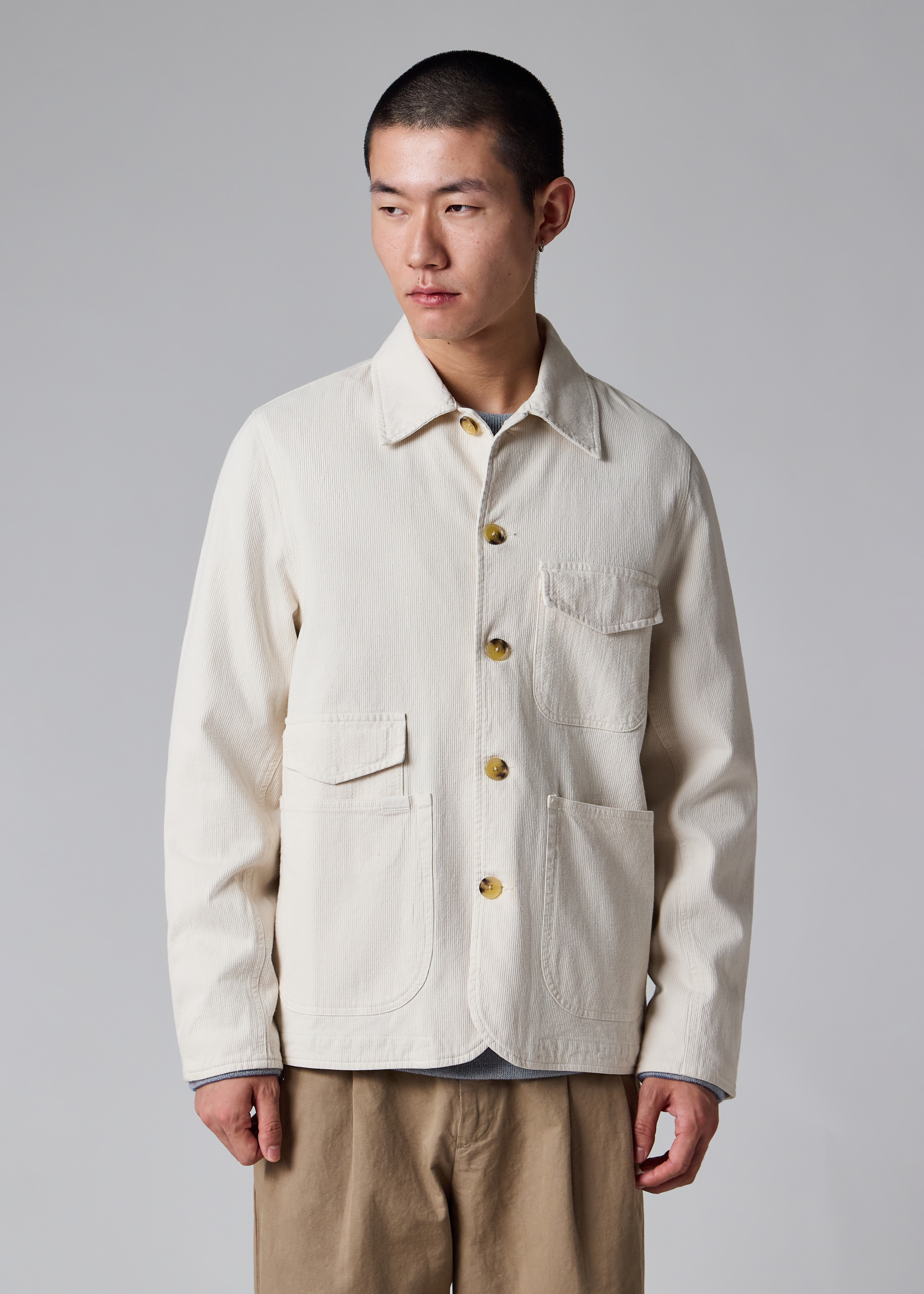 Men's Ecru Bedford-Weave Cotton-Linen Chore Jacket