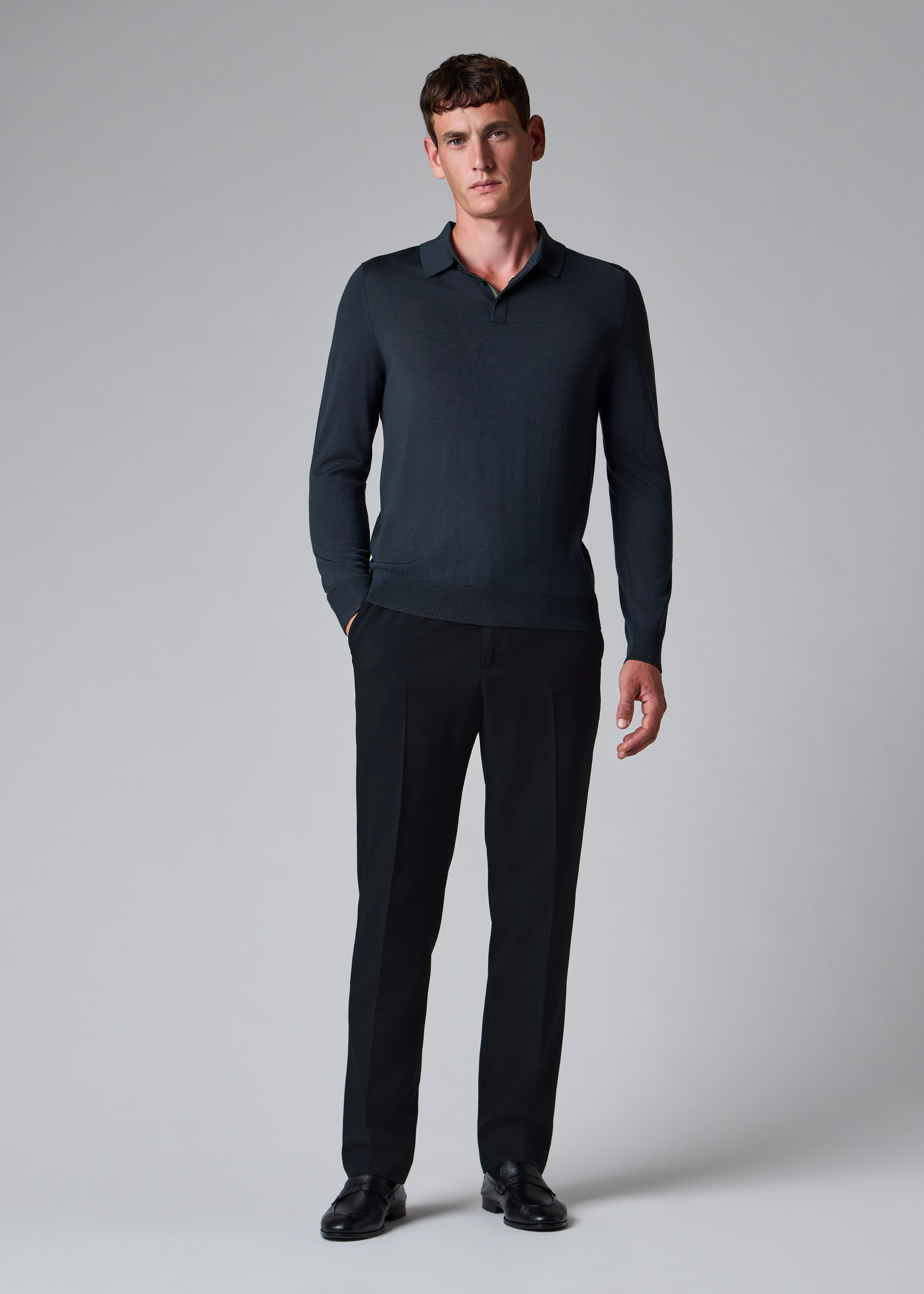 Navy Two-Ply Hopsack Wool Elasticated-Waist Trousers thumbnail 9