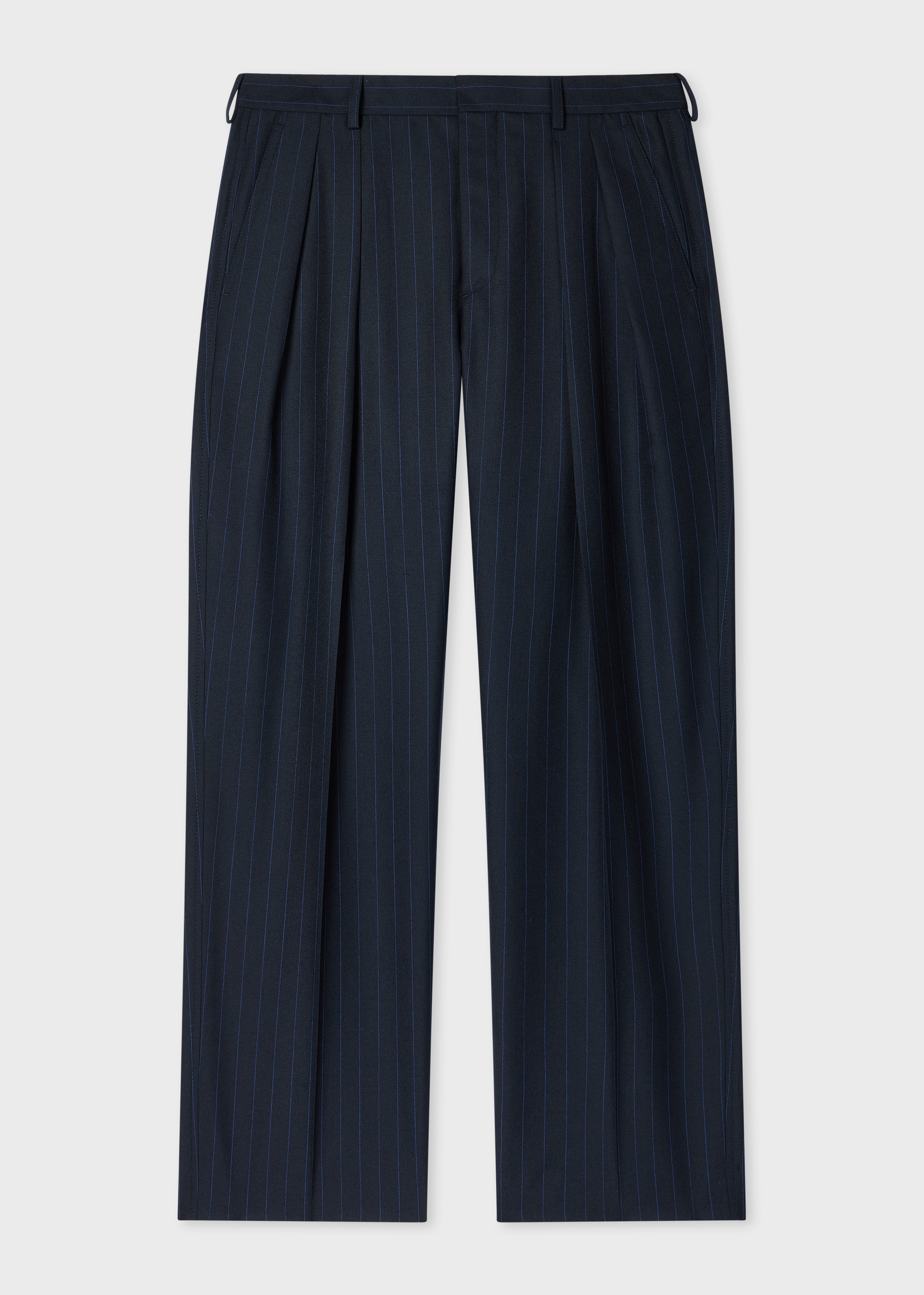 Navy Pinstripe Wool Pleated Trousers primary image