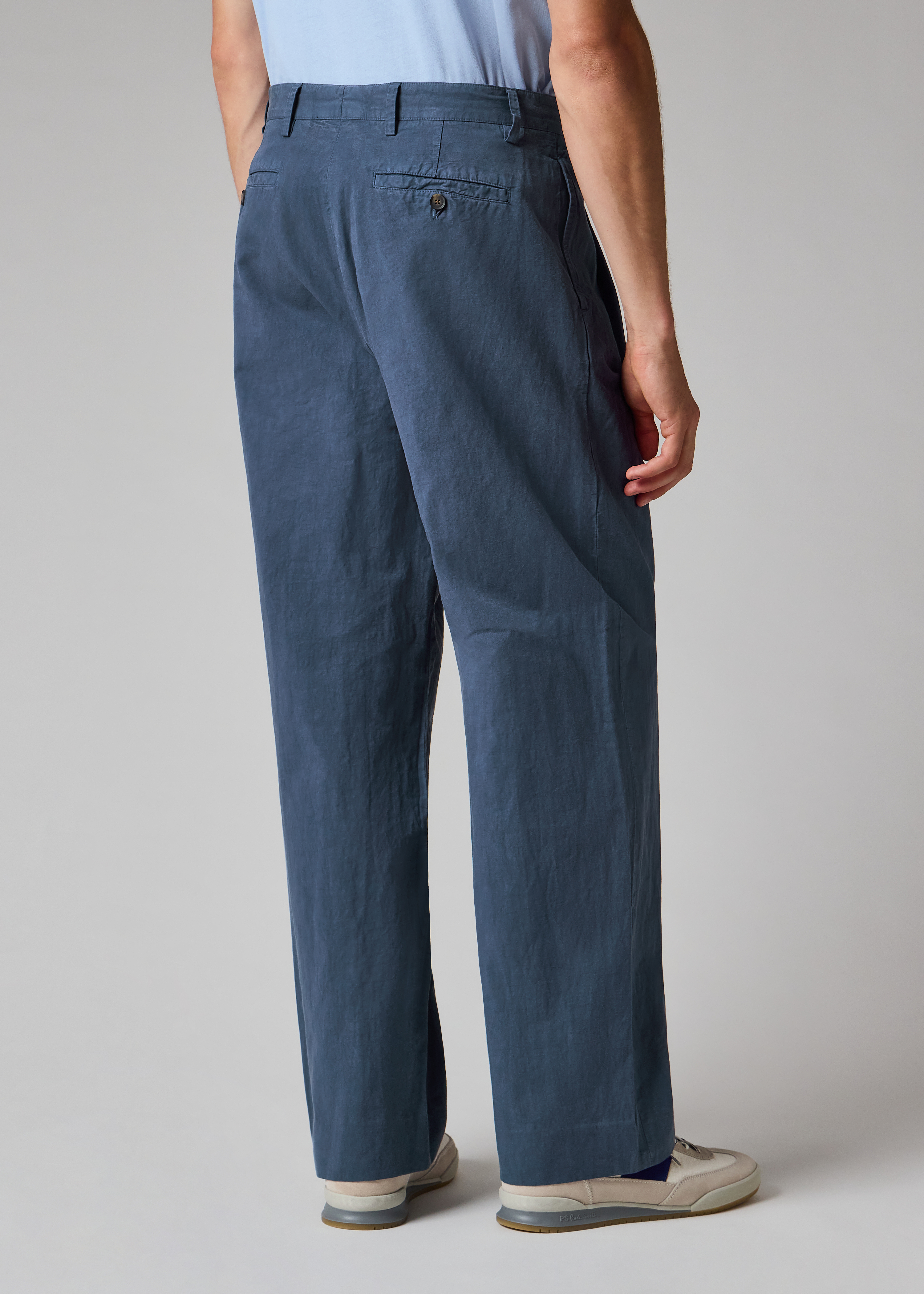 Washed Navy Cotton-Linen Double Pleat Trousers thumbnail 6