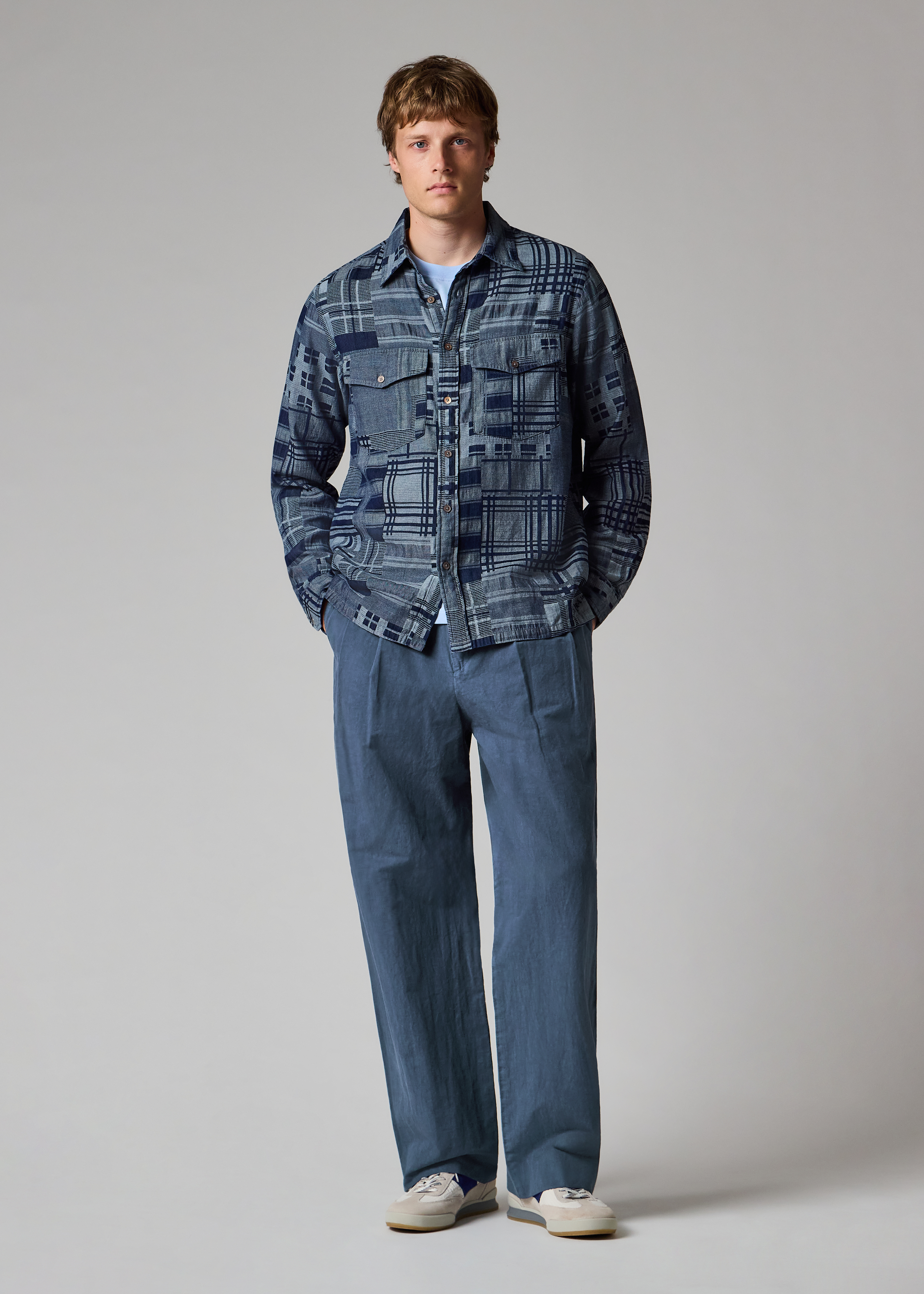 Washed Navy Cotton-Linen Double Pleat Trousers thumbnail 9