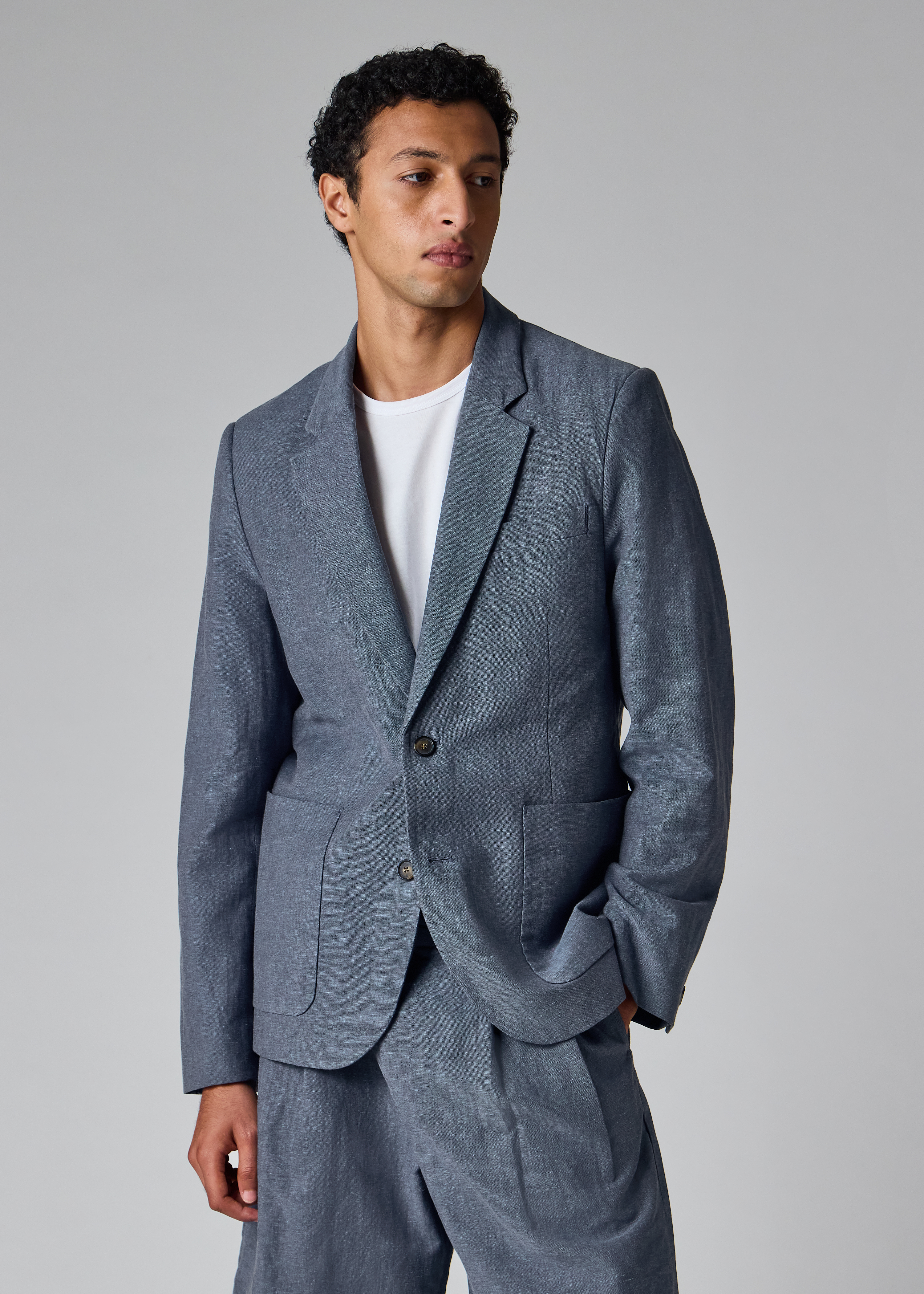 Mid Blue Linen-Cotton Buggy-Lined Blazer thumbnail 2