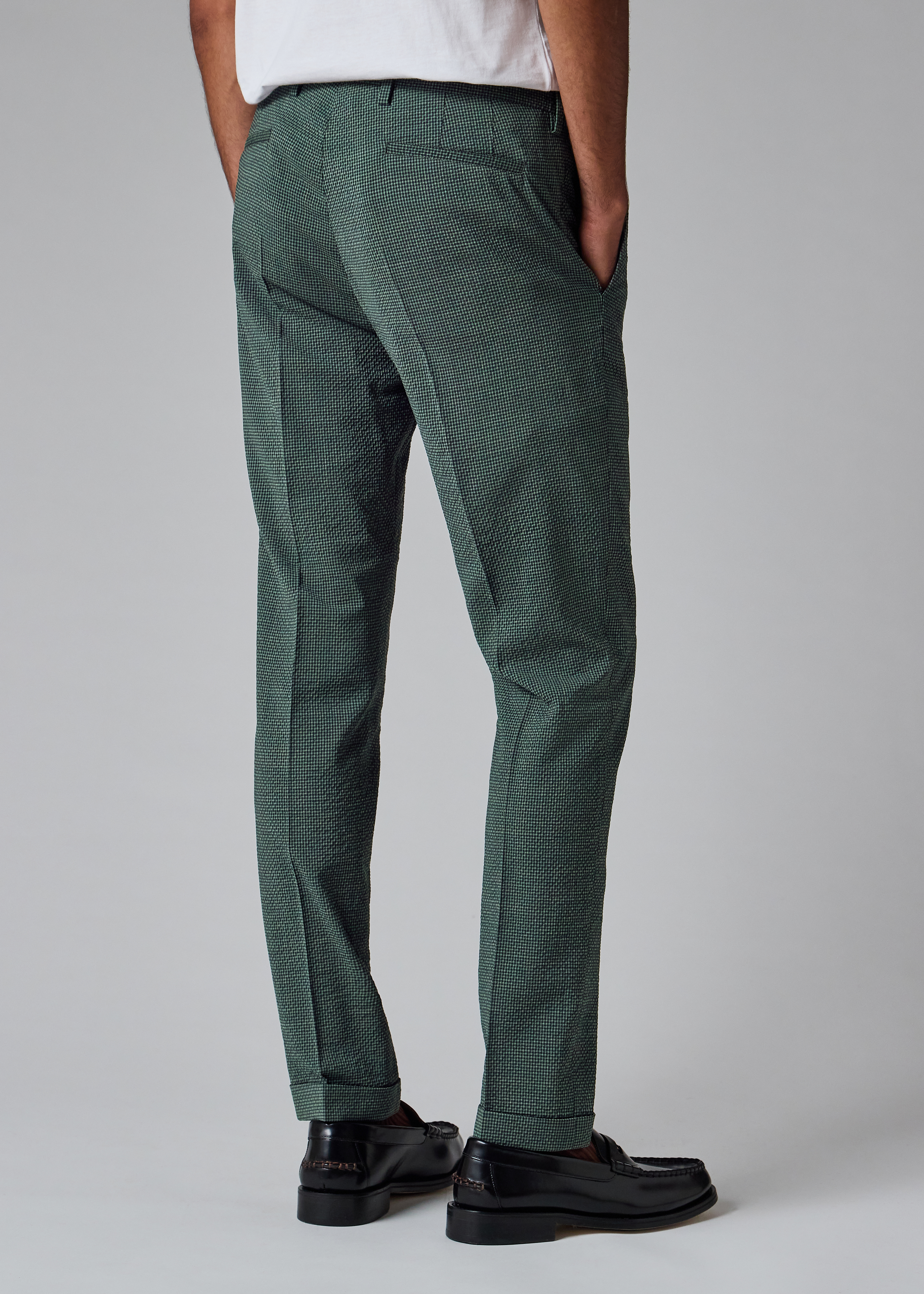 Dark Green Stretch-Wool Seersucker Check Trousers thumbnail 4