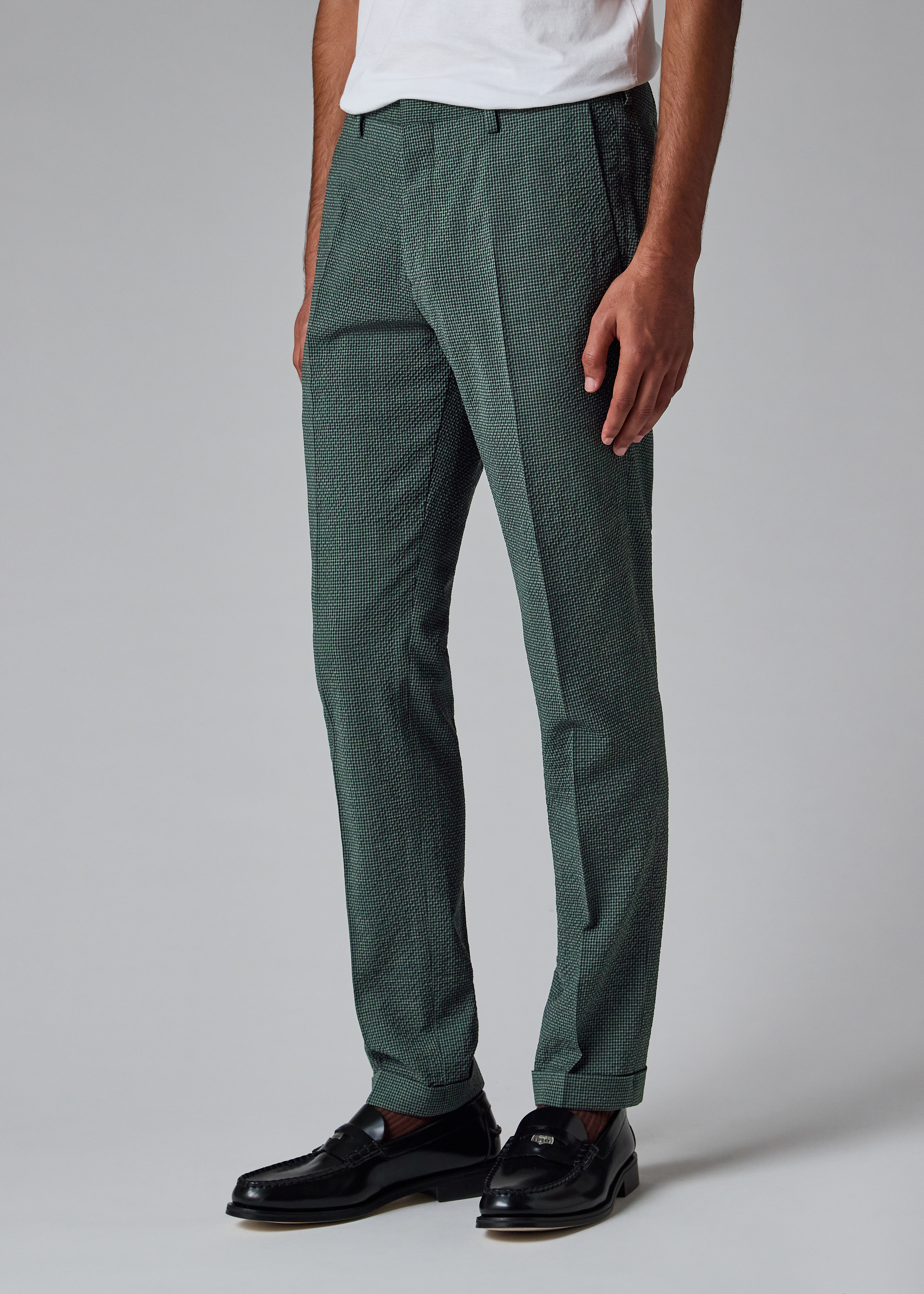 Dark Green Stretch-Wool Seersucker Check Trousers thumbnail 2
