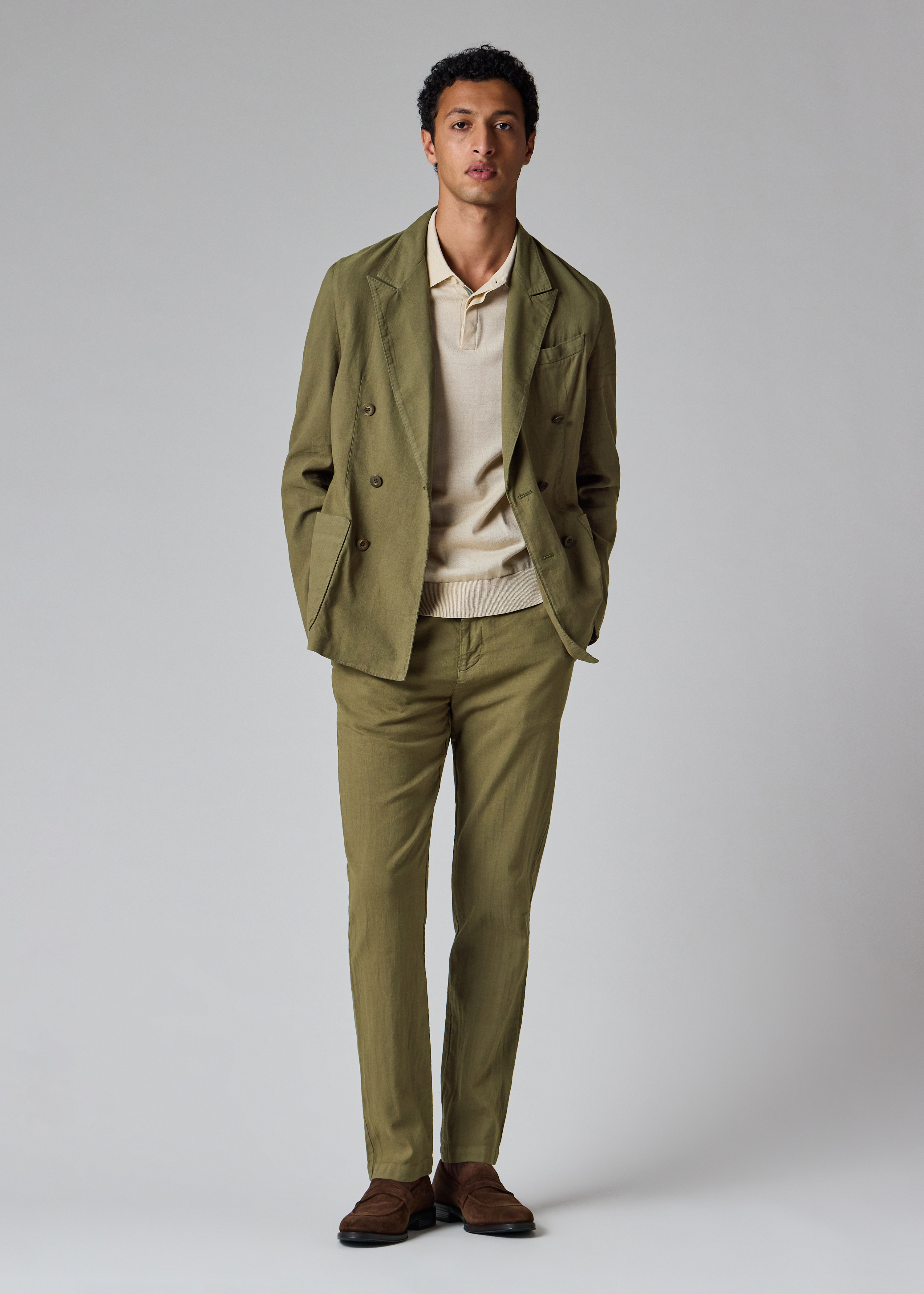 Khaki Green Cotton-Linen Double-Breasted Suit thumbnail 2