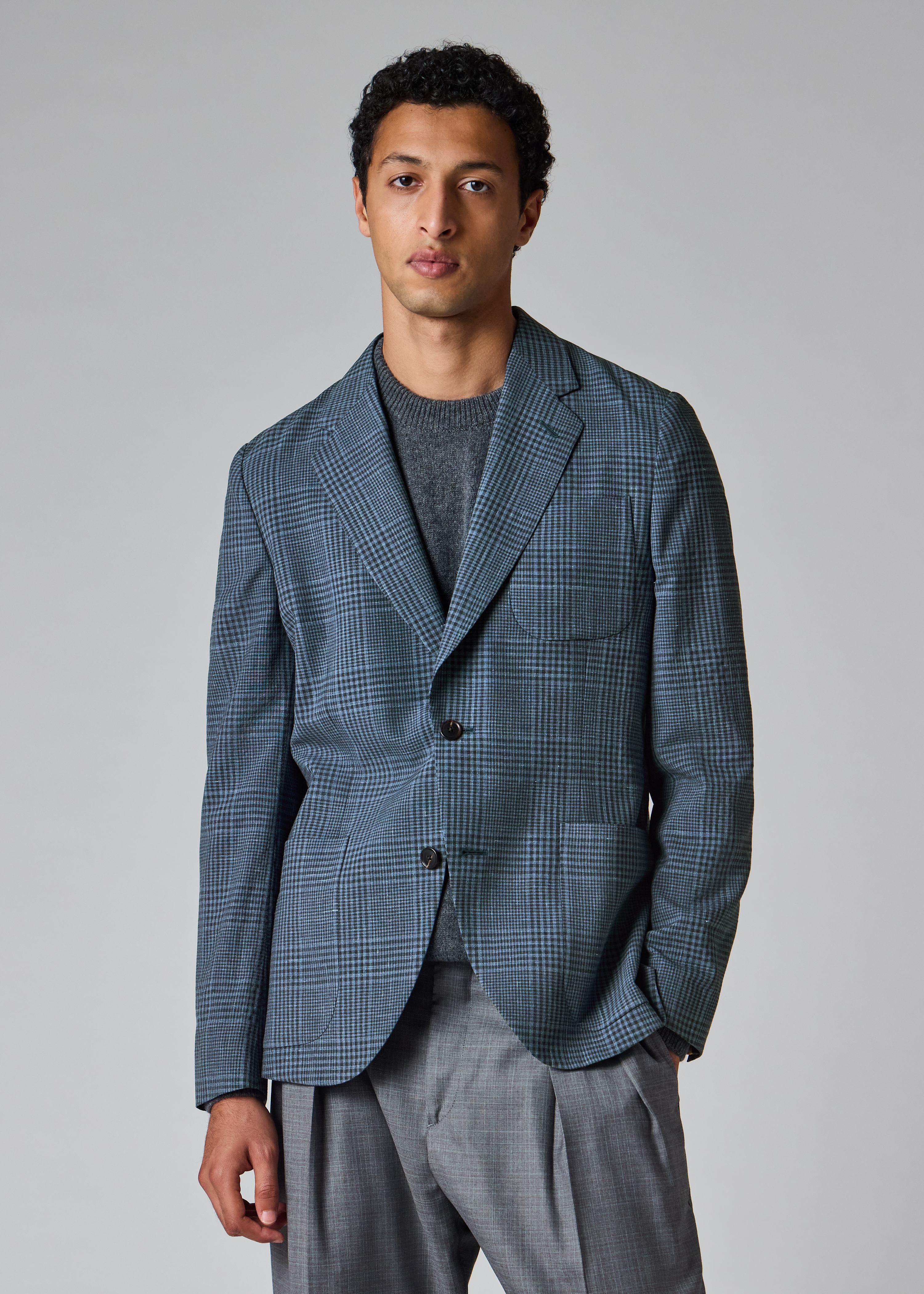 Blue 'Summertime' Wool-Silk Check Blazer thumbnail 2