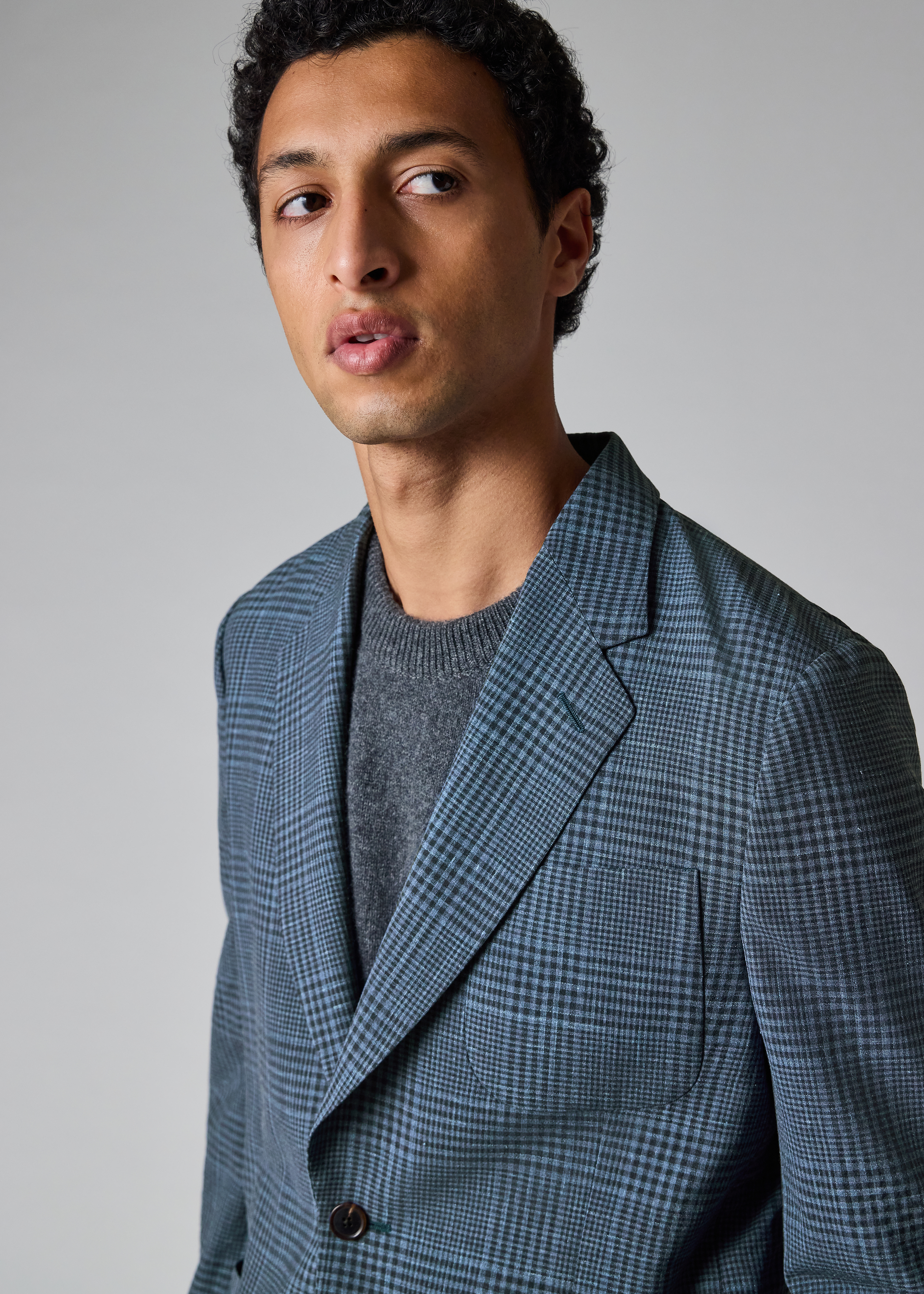 Blue 'Summertime' Wool-Silk Check Blazer thumbnail 7