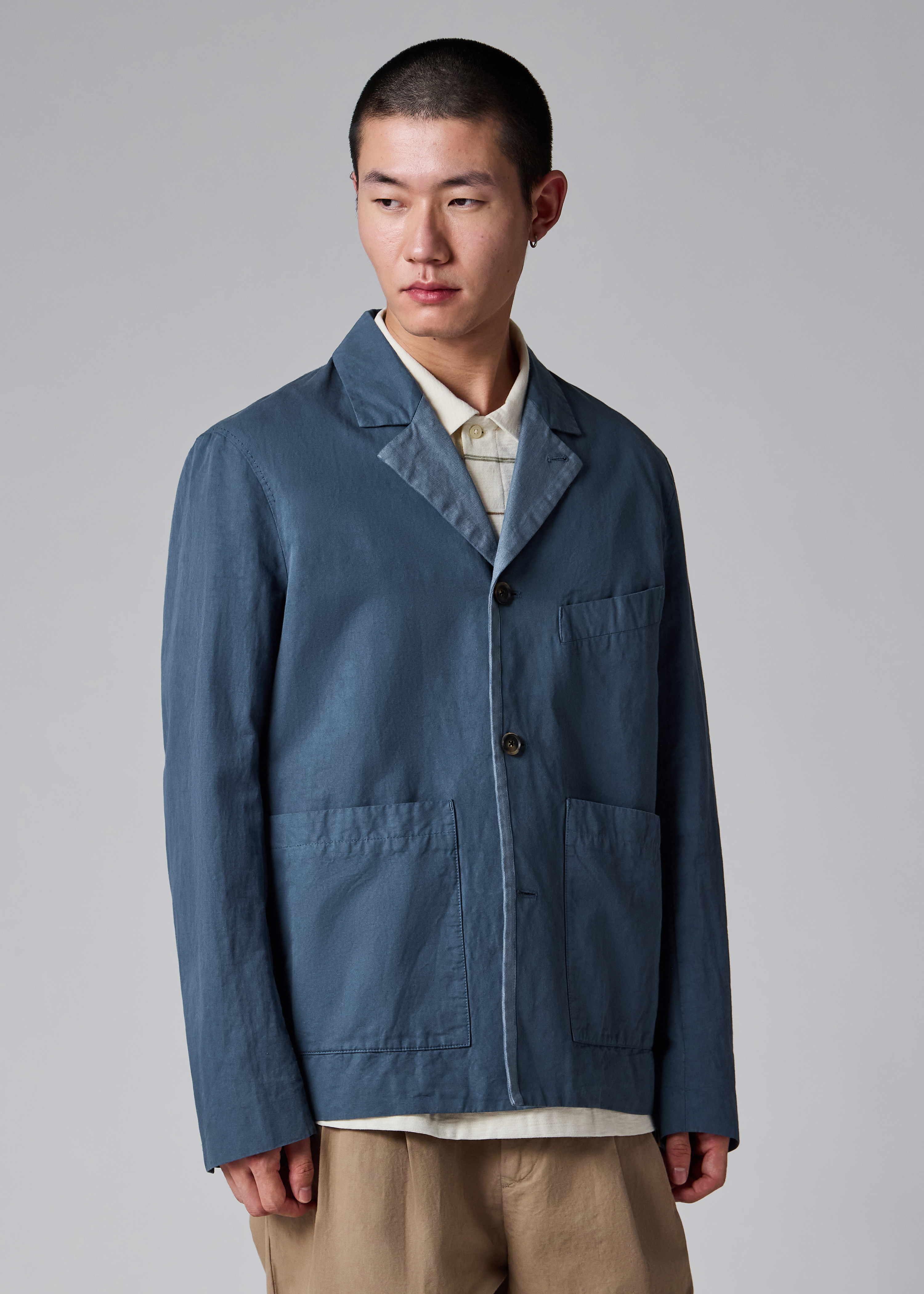 Mid Blue Cotton-Linen Three-Button Jacket thumbnail 2