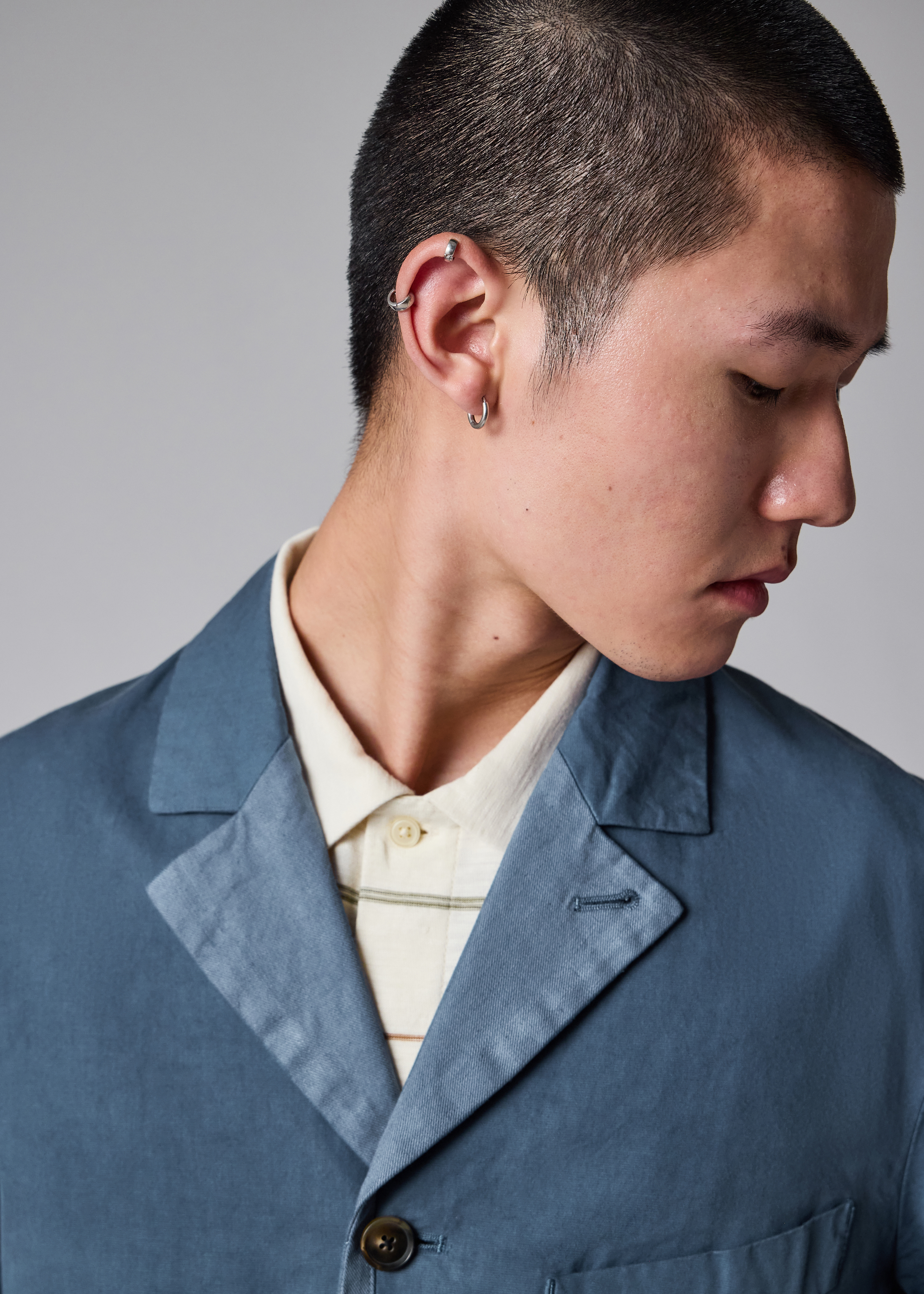 Mid Blue Cotton-Linen Three-Button Jacket thumbnail 7