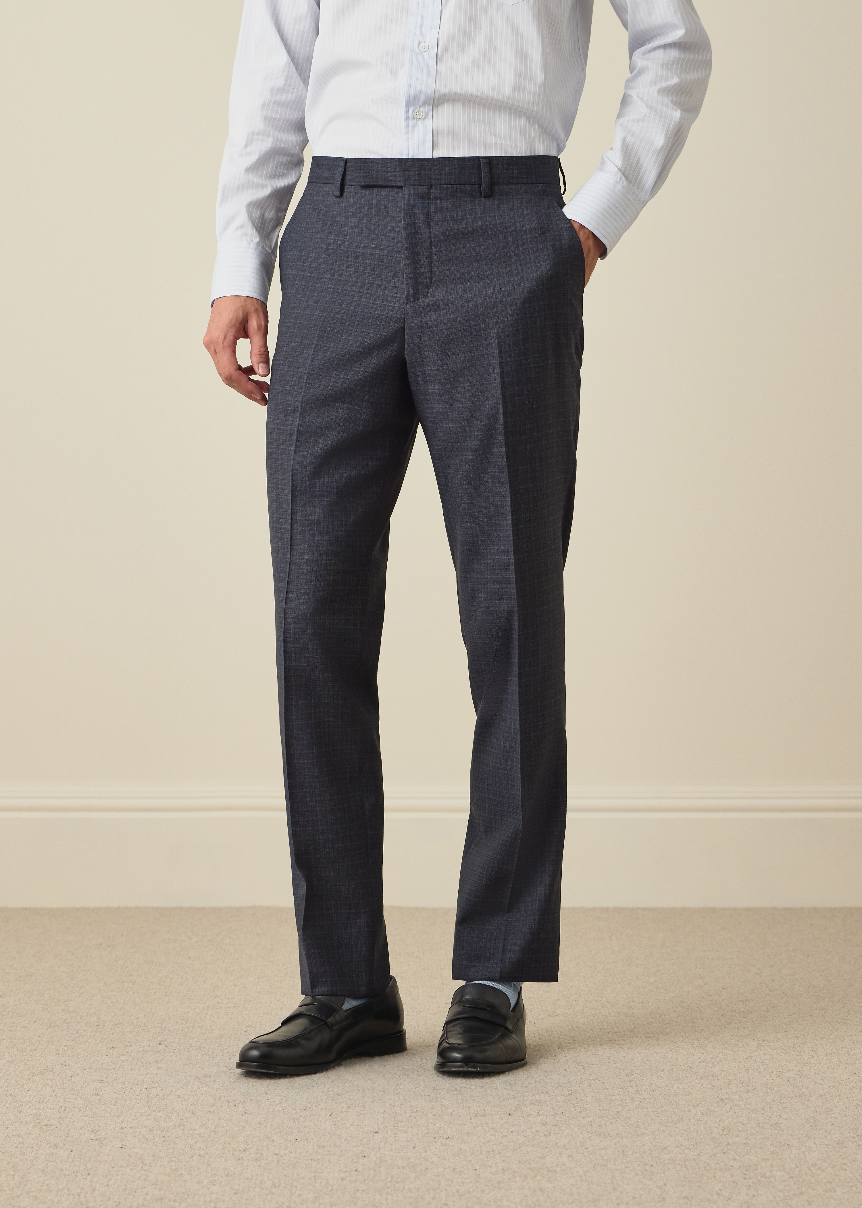 Slim-Fit Mid-Blue Micro Check Wool Trousers thumbnail 2
