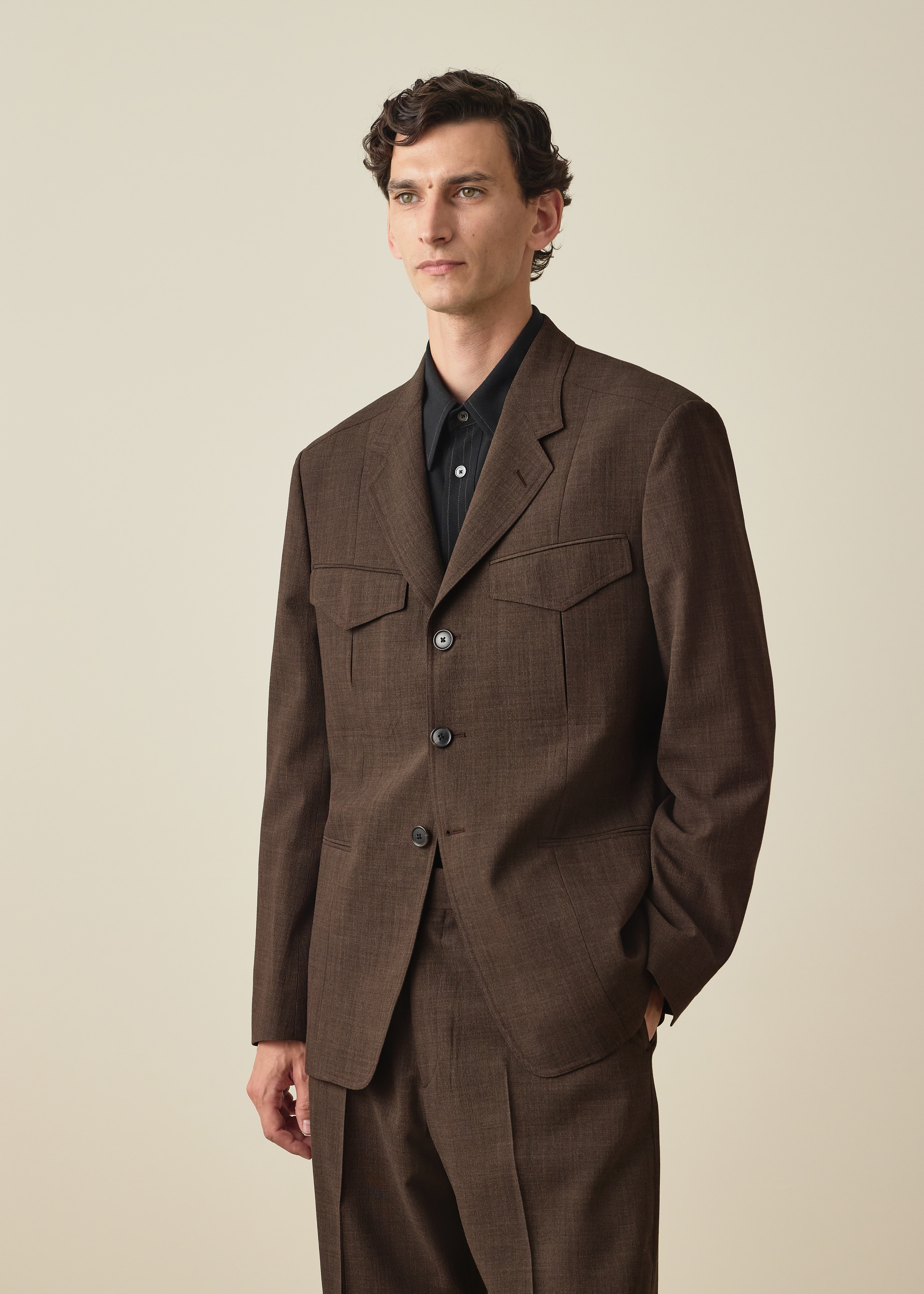 Brown Crepe Viscose-Wool Four-Pocket Blazer thumbnail 2
