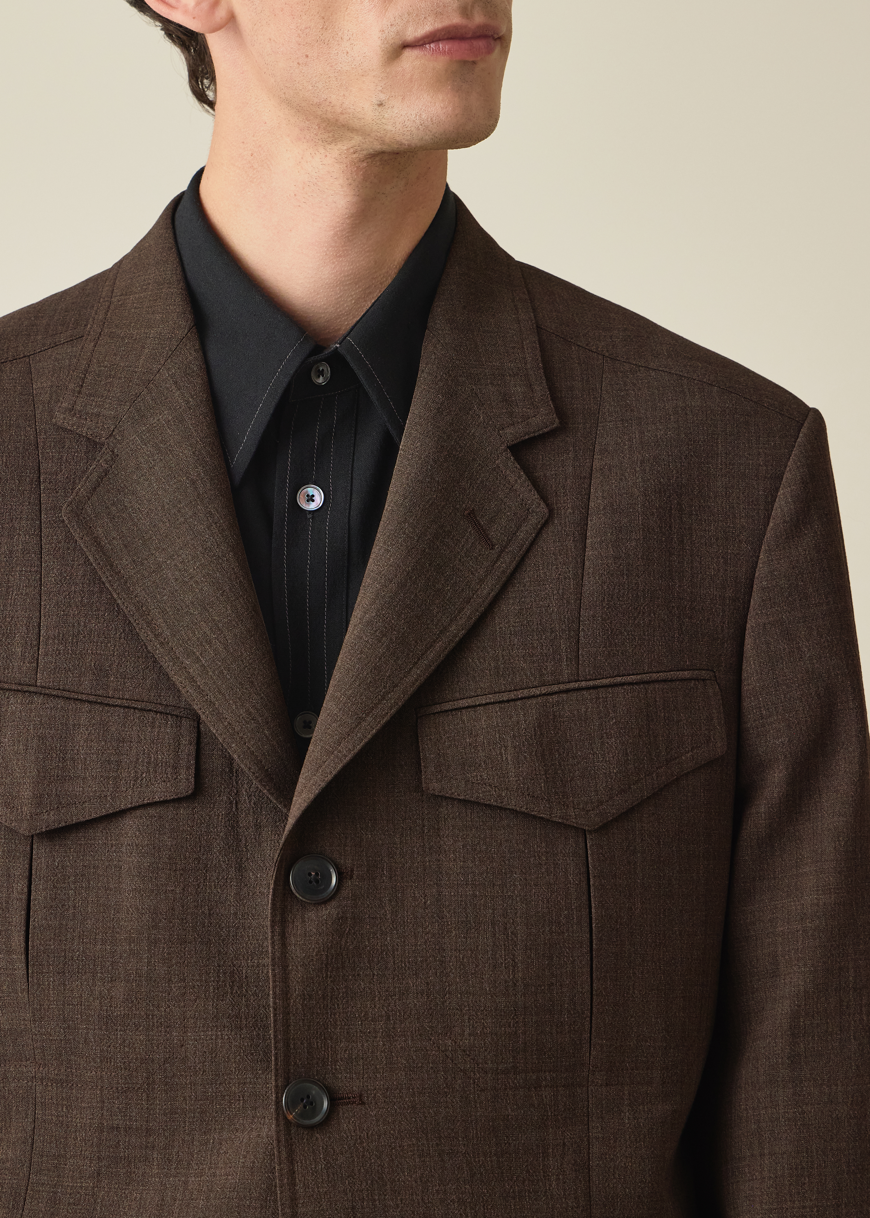Brown Crepe Viscose-Wool Four-Pocket Blazer thumbnail 3