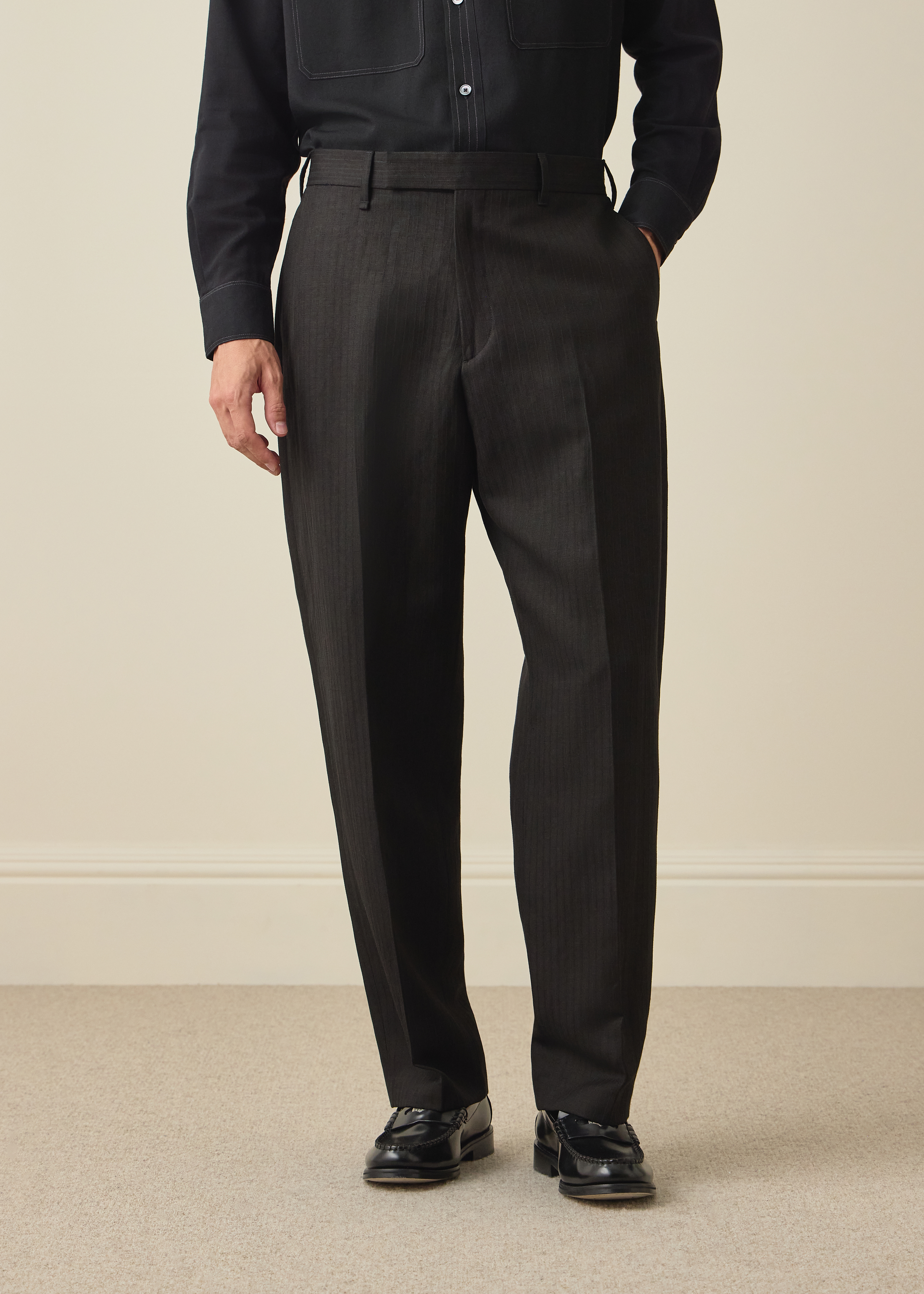 Black Linen and Wool-Blend Textured Twill Trousers thumbnail 2
