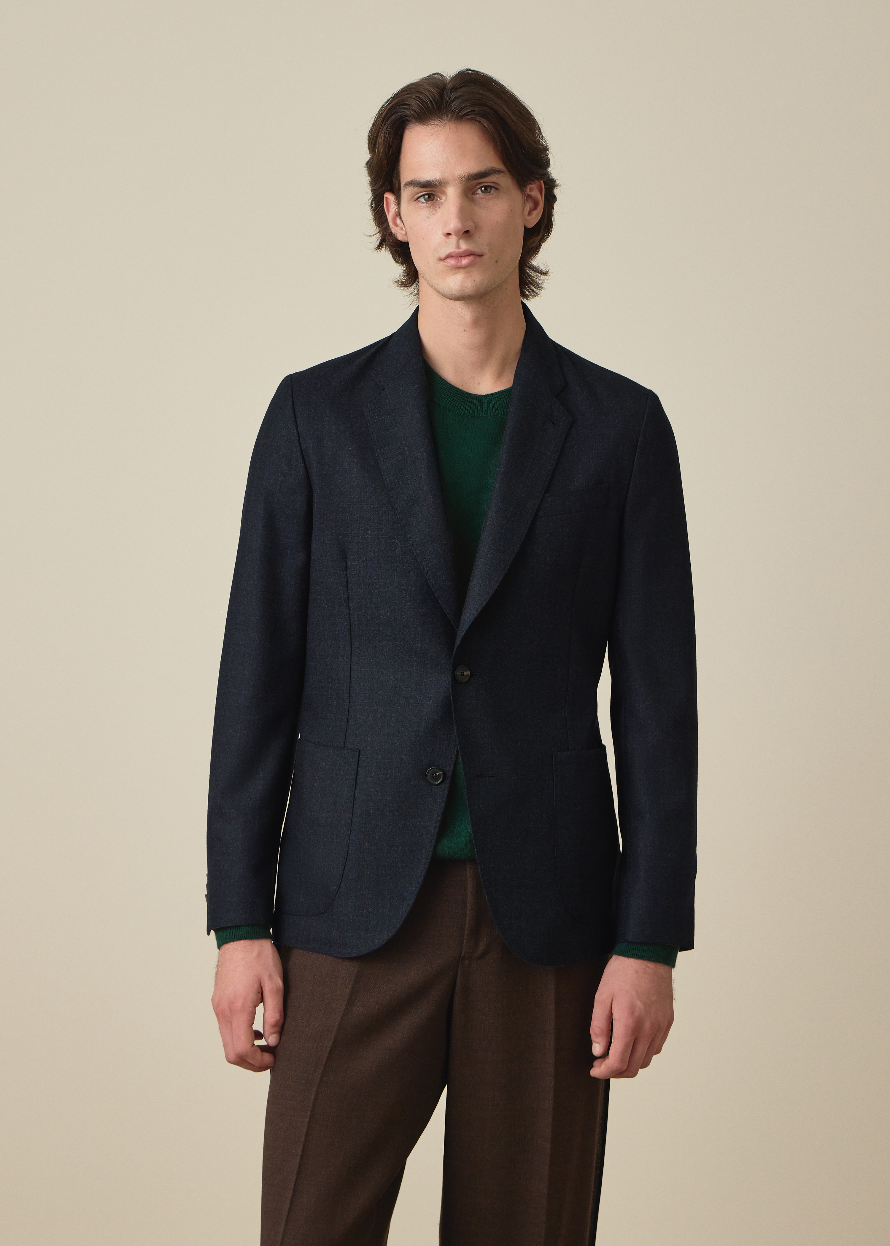Navy Subtle-Check Wool Patch-Pocket Blazer thumbnail 2