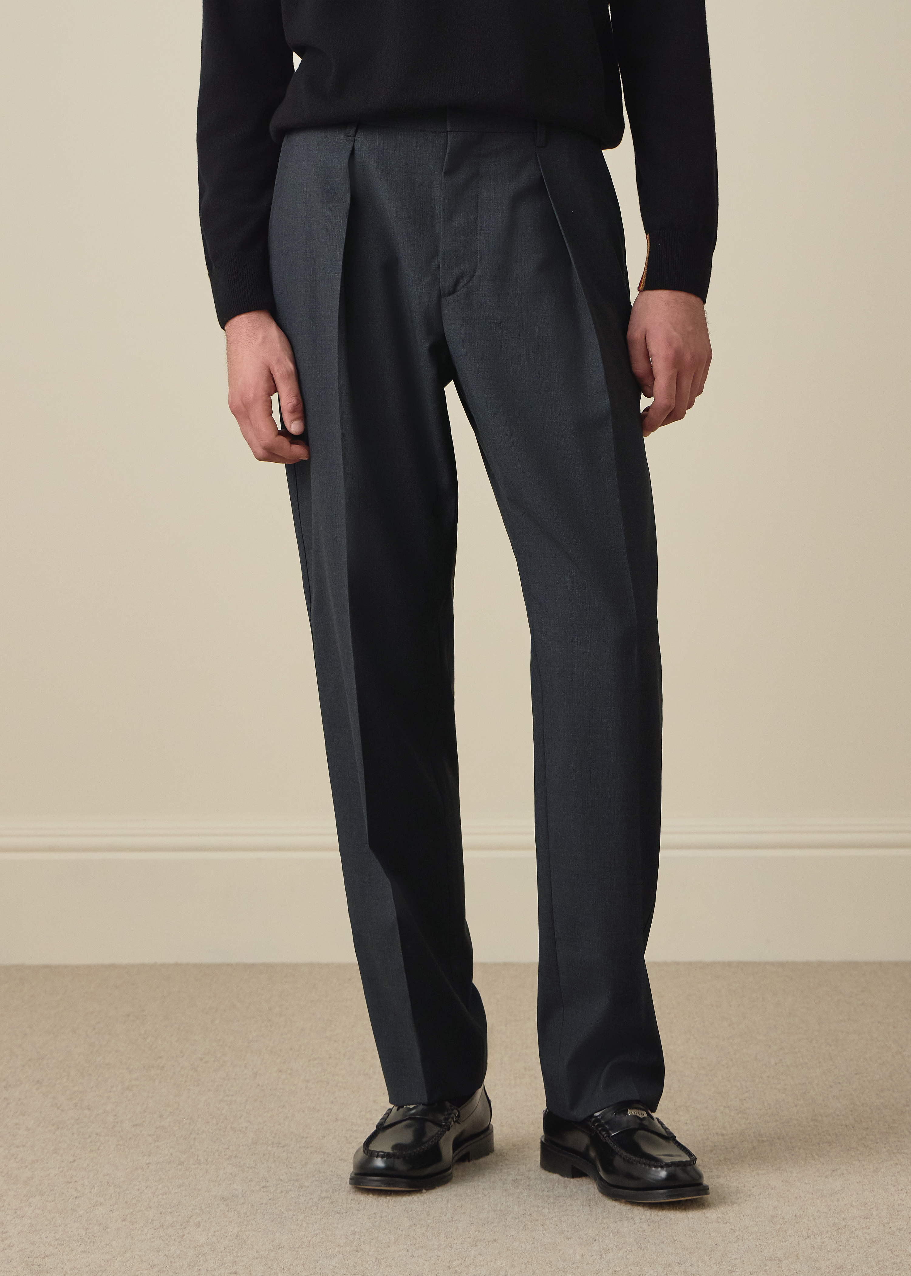 Dark Grey Shadow Check Wool Trousers thumbnail 2